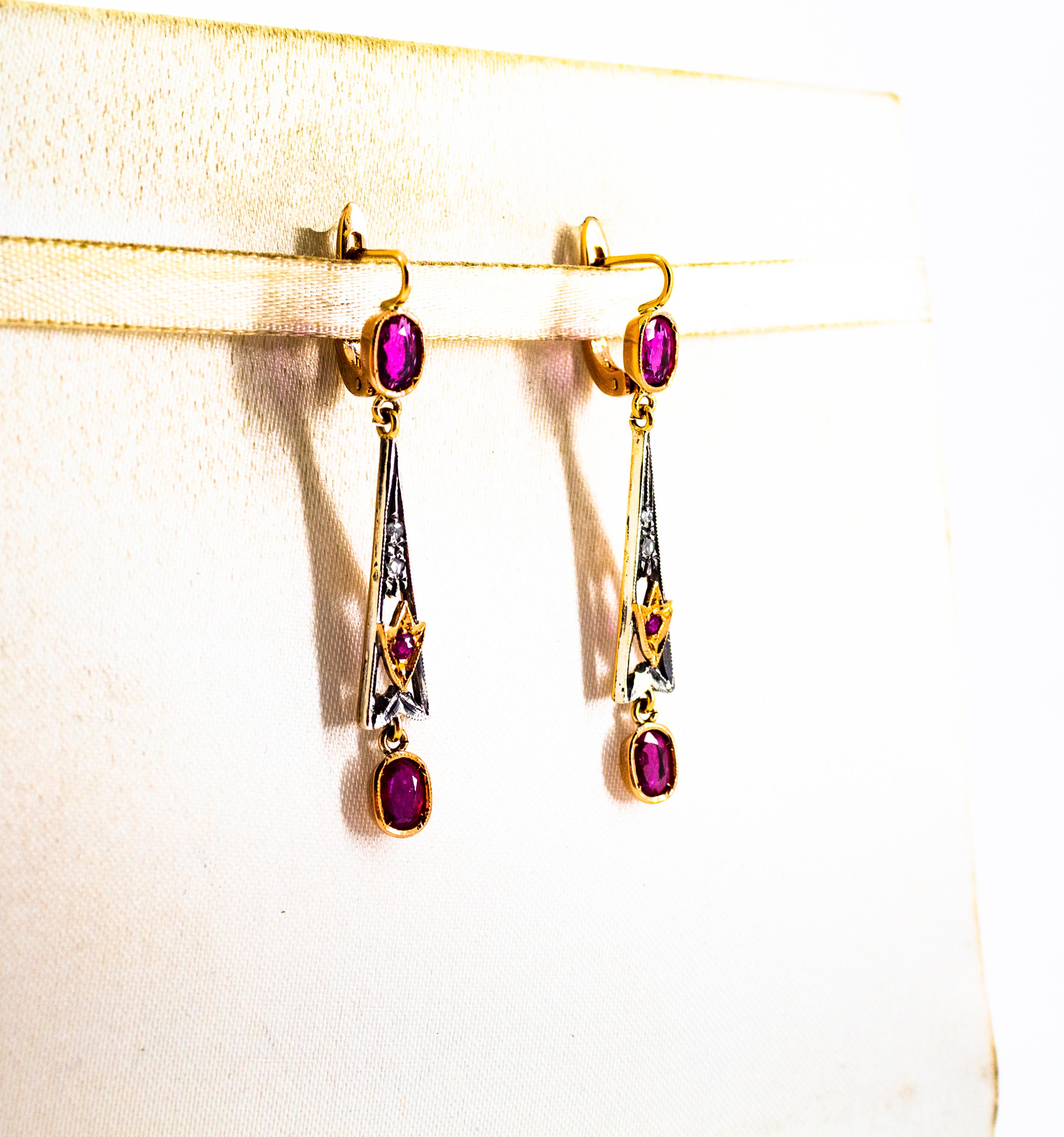 Art Deco Style White Rose Cut Diamond Ruby Yellow Gold Lever-Back Drop Earrings In New Condition In Naples, IT