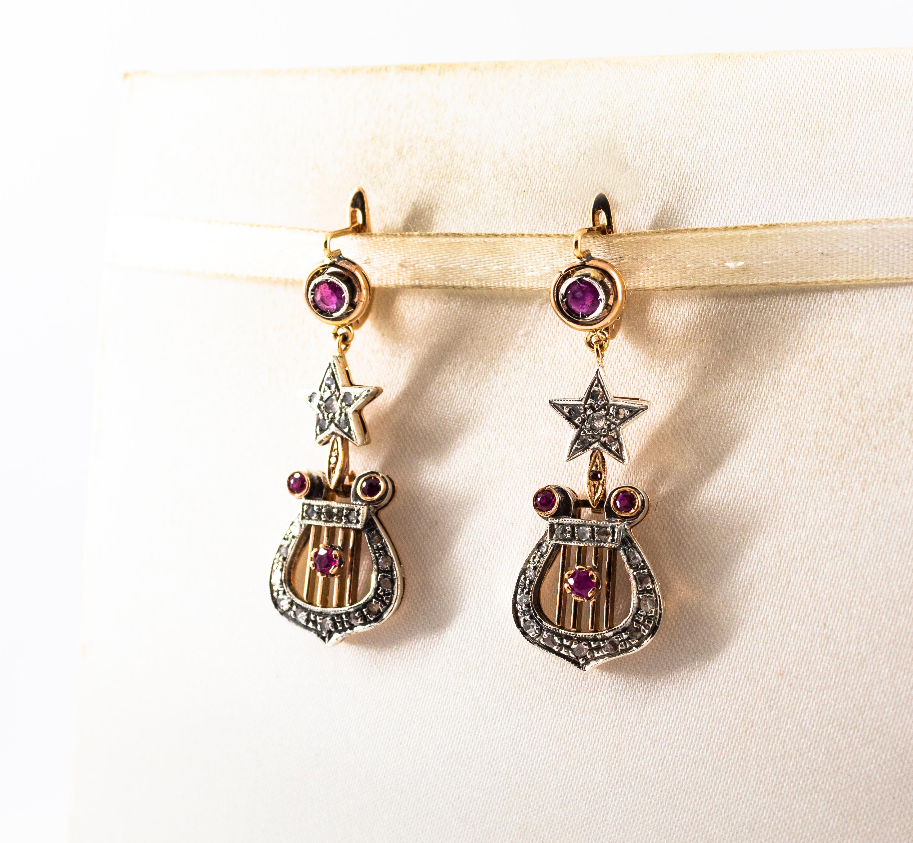 Art Deco Style White Rose Cut Diamond Ruby Yellow Gold Lever-Back Drop Earrings In New Condition For Sale In Naples, IT