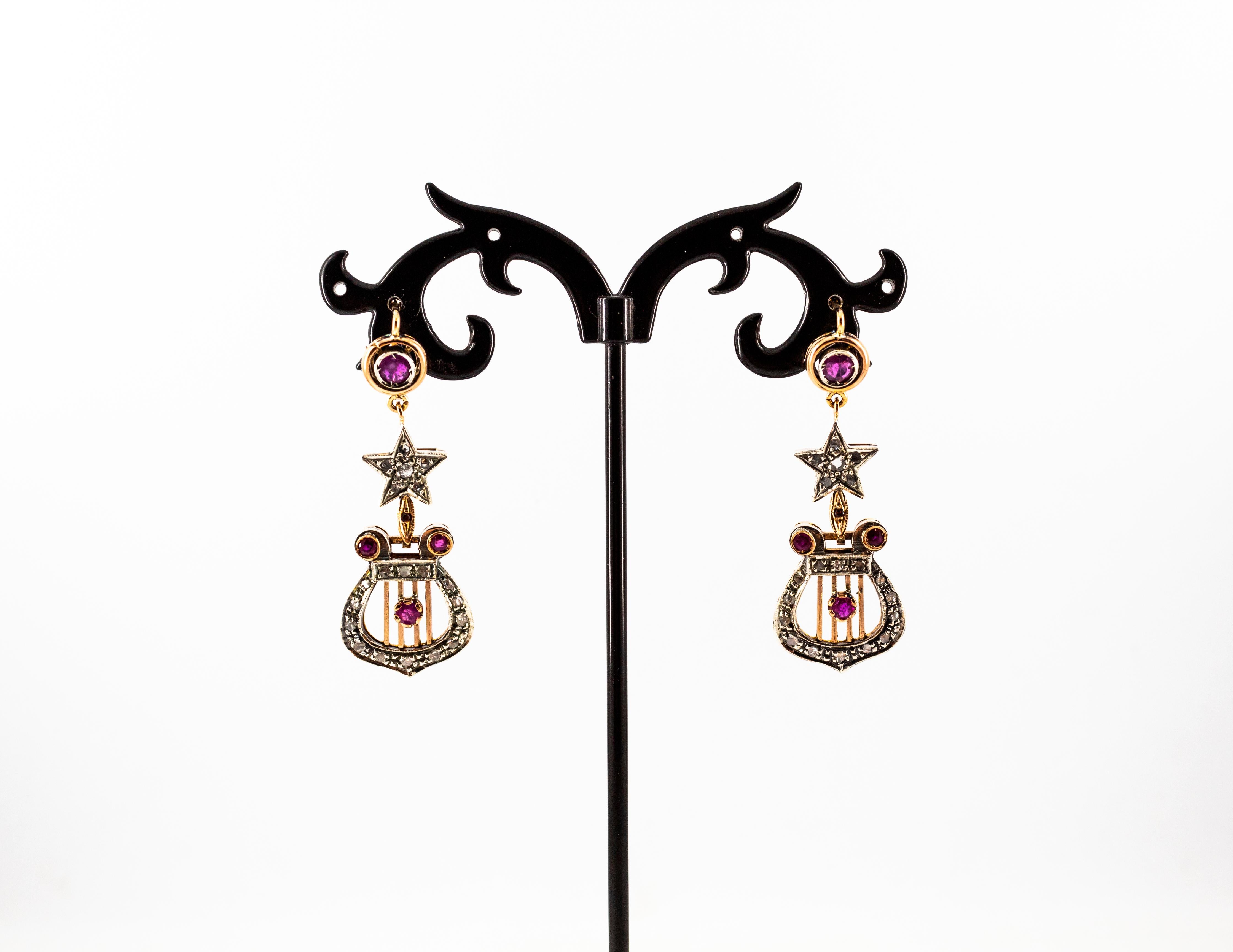 Boucles d'oreilles pendantes de style Art déco en or jaune avec diamants blancs taille rose et rubis Neuf - En vente à Naples, IT