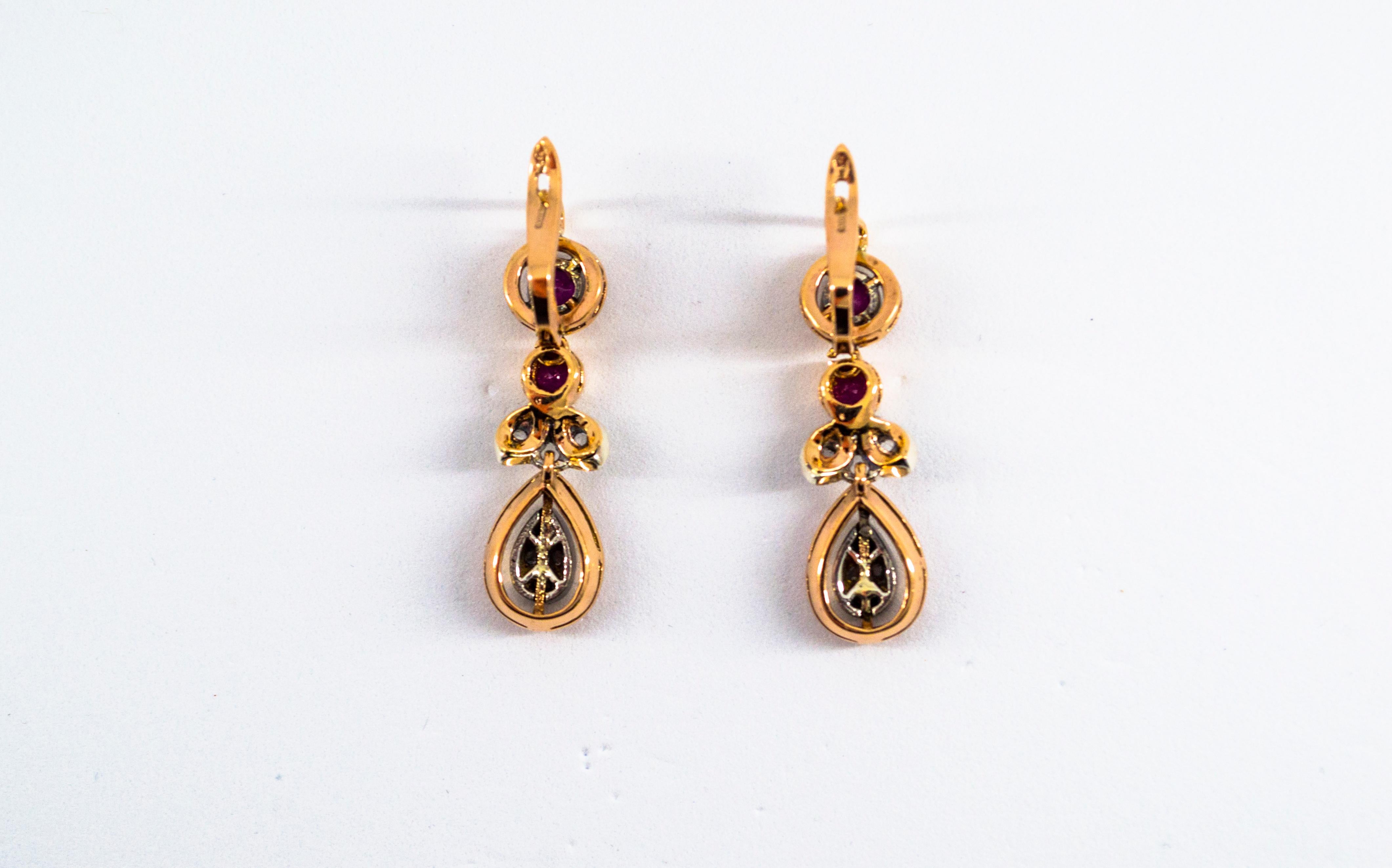 Women's or Men's Art Deco Style White Rose Cut Diamond Ruby Yellow Gold Lever-Back Drop Earrings For Sale