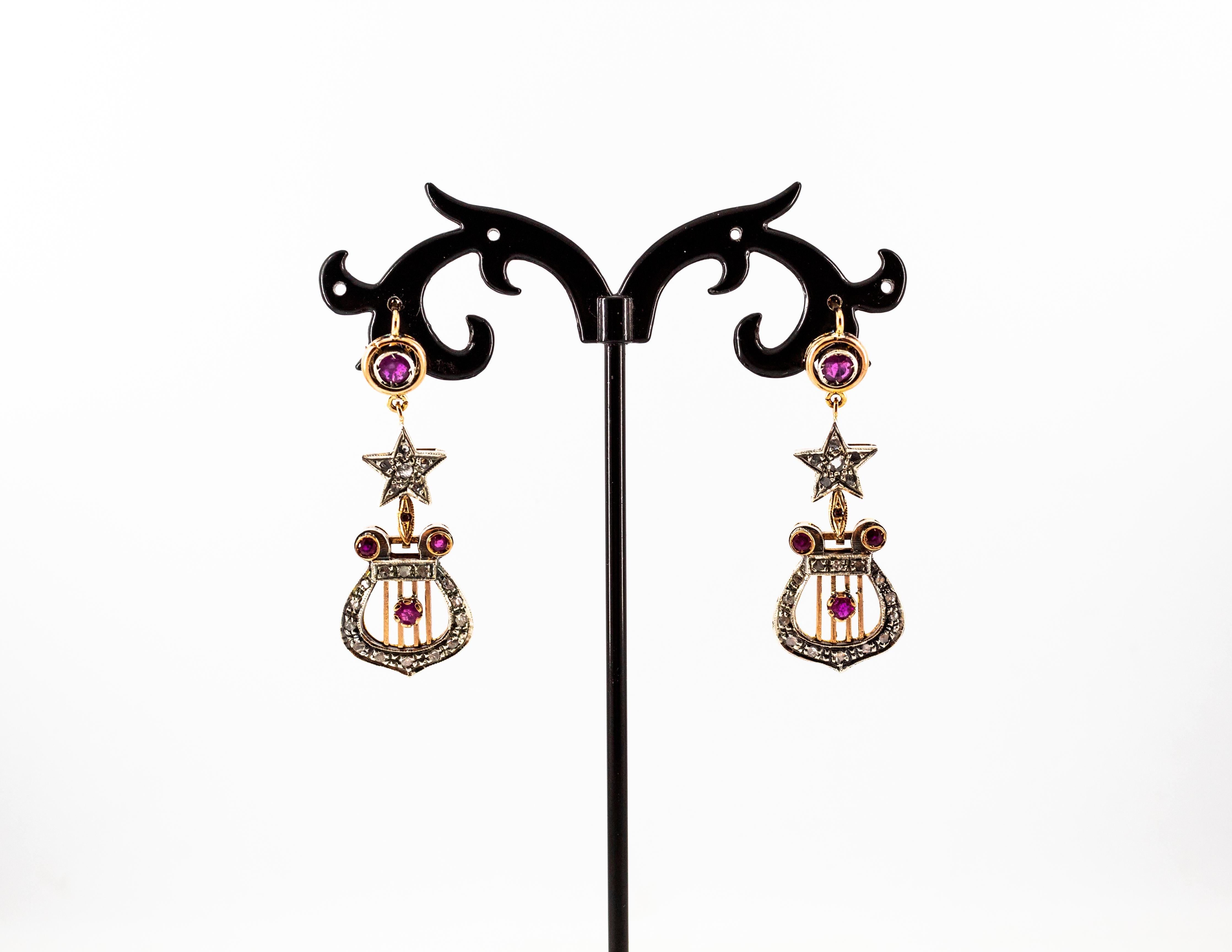 Women's or Men's Art Deco Style White Rose Cut Diamond Ruby Yellow Gold Lever-Back Drop Earrings For Sale