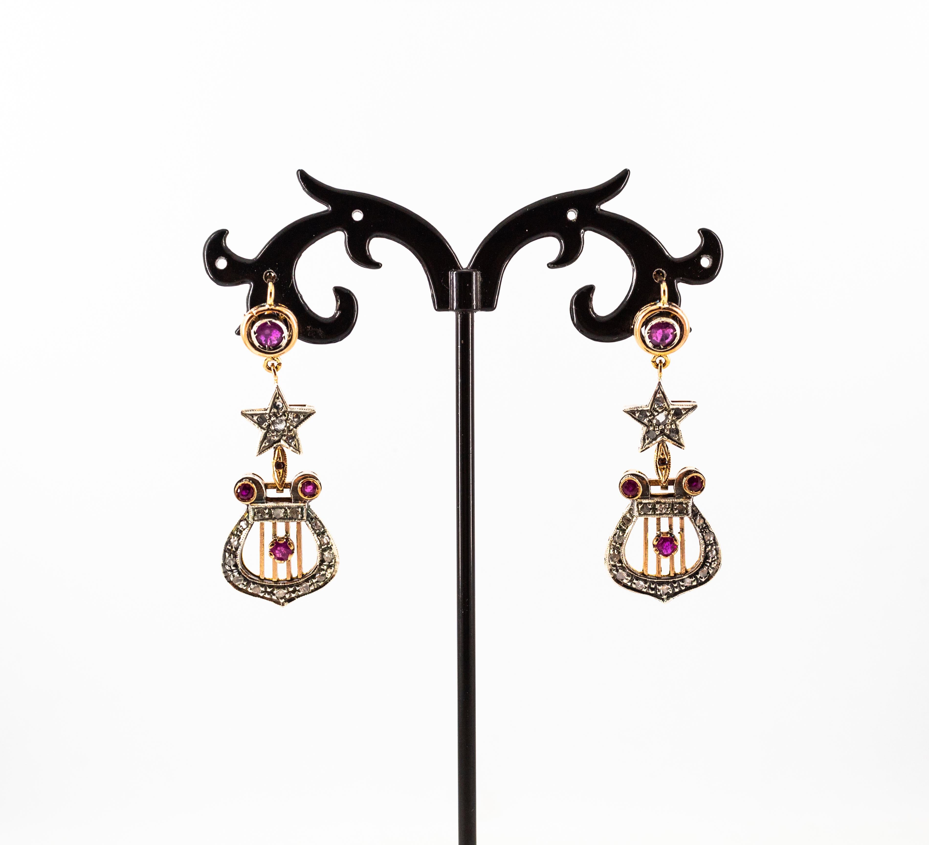 Boucles d'oreilles pendantes de style Art déco en or jaune avec diamants blancs taille rose et rubis Unisexe en vente