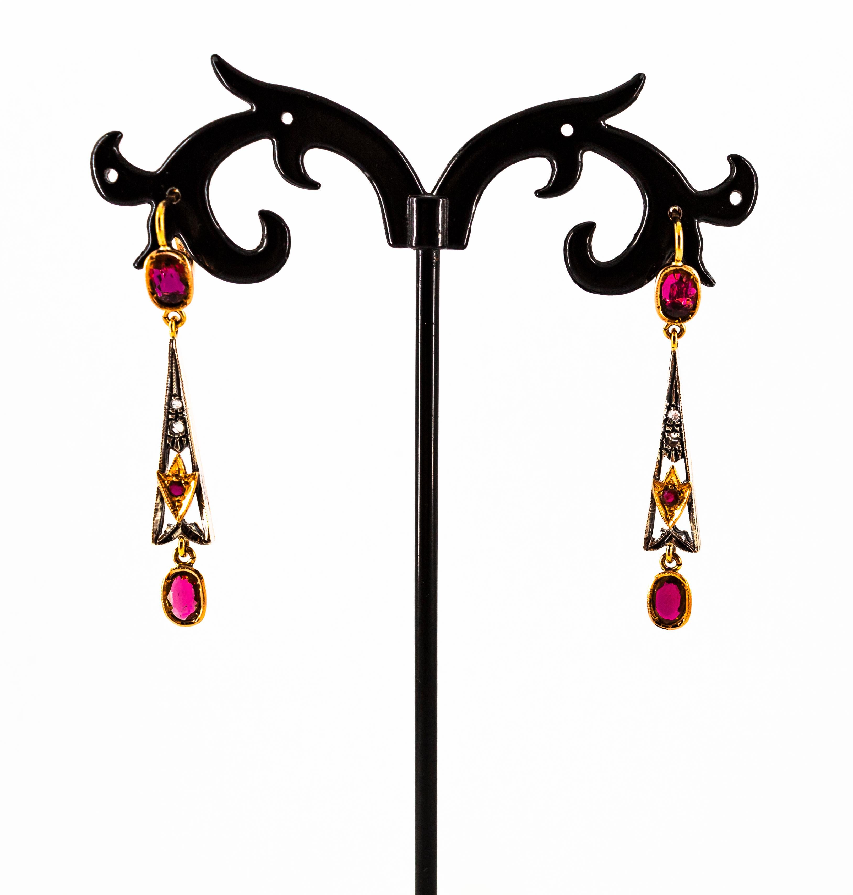 Art Deco Style White Rose Cut Diamond Ruby Yellow Gold Lever-Back Drop Earrings For Sale 1
