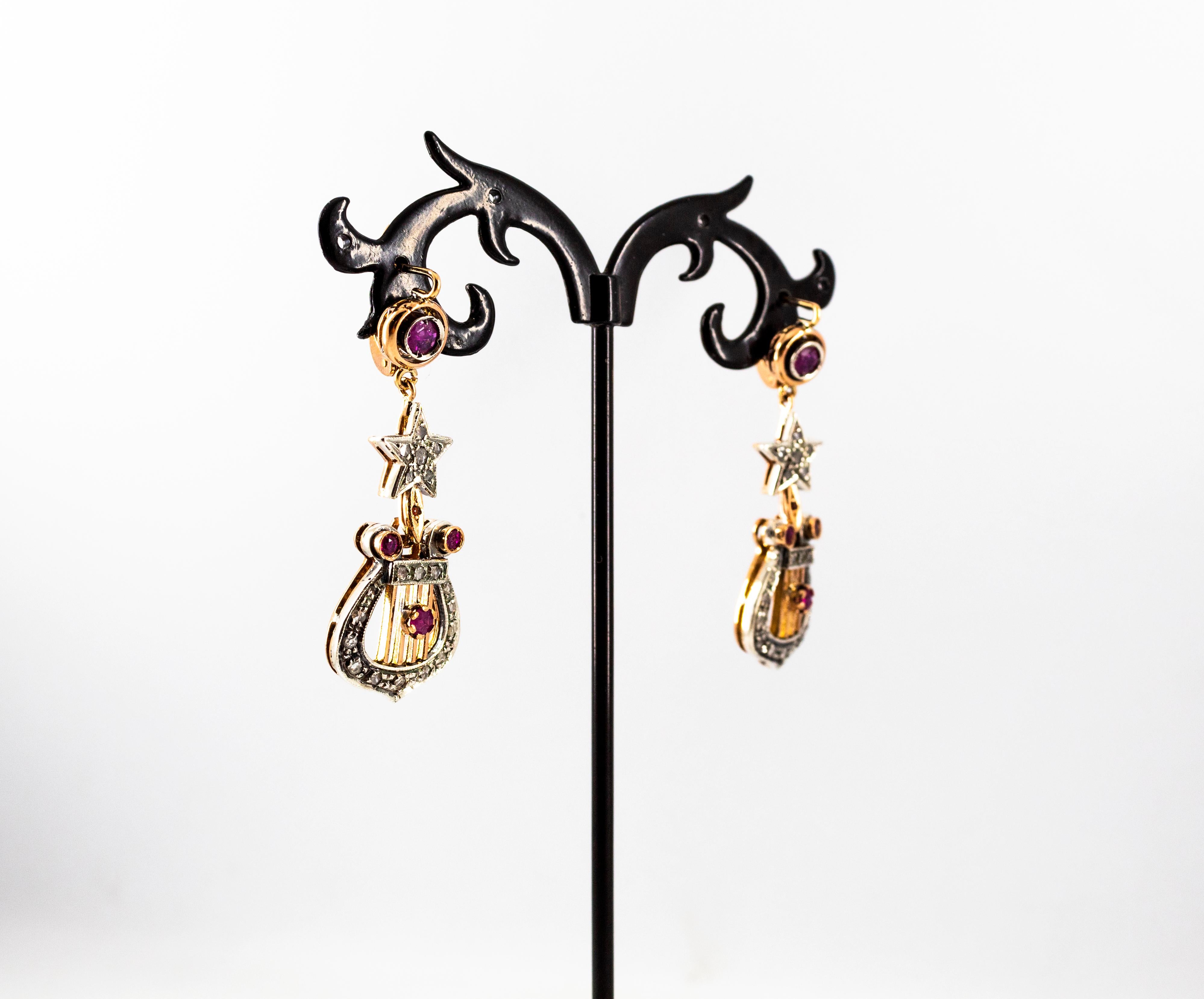 Art Deco Style White Rose Cut Diamond Ruby Yellow Gold Lever-Back Drop Earrings For Sale 2