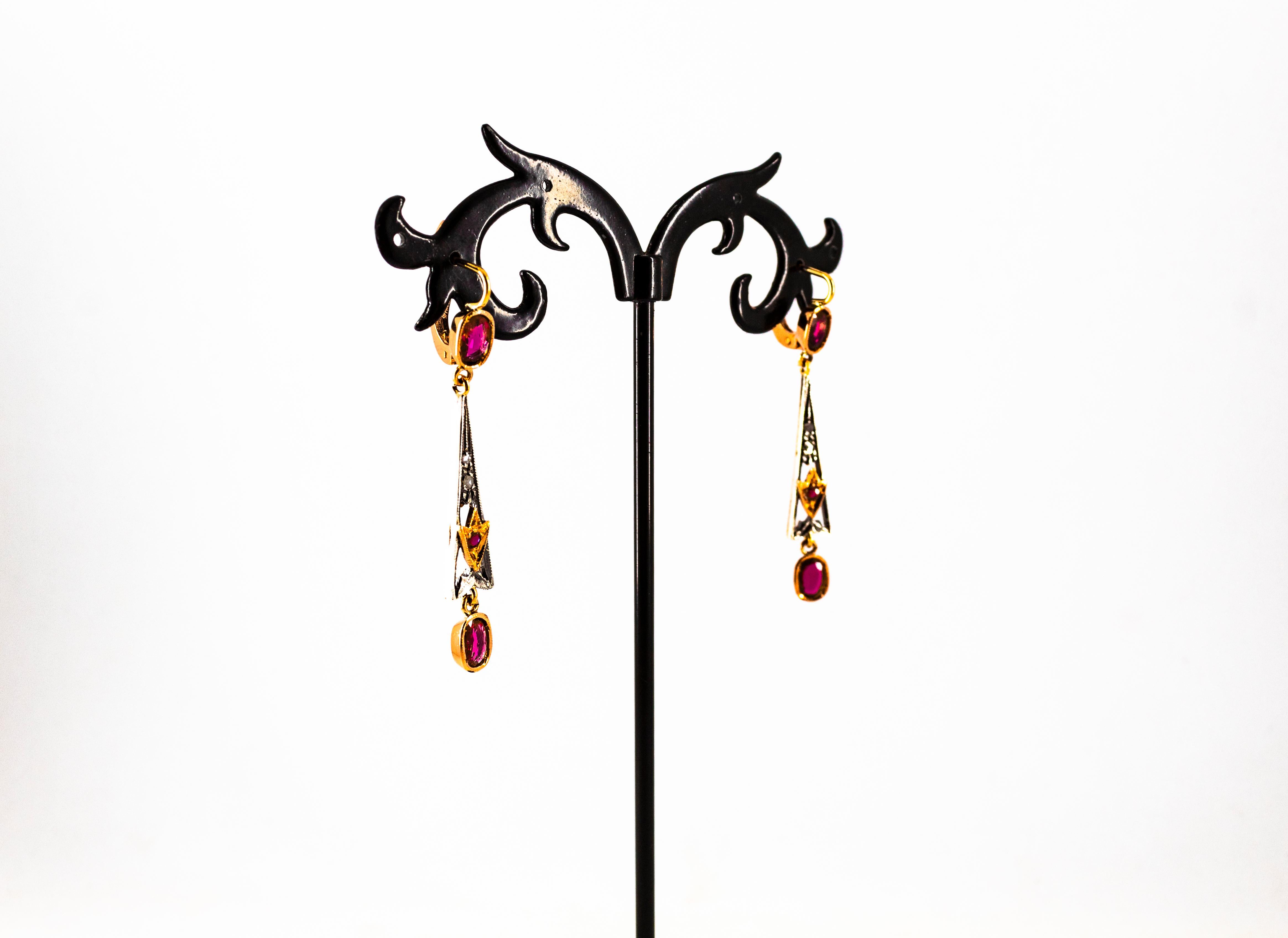 Art Deco Style White Rose Cut Diamond Ruby Yellow Gold Lever-Back Drop Earrings For Sale 3