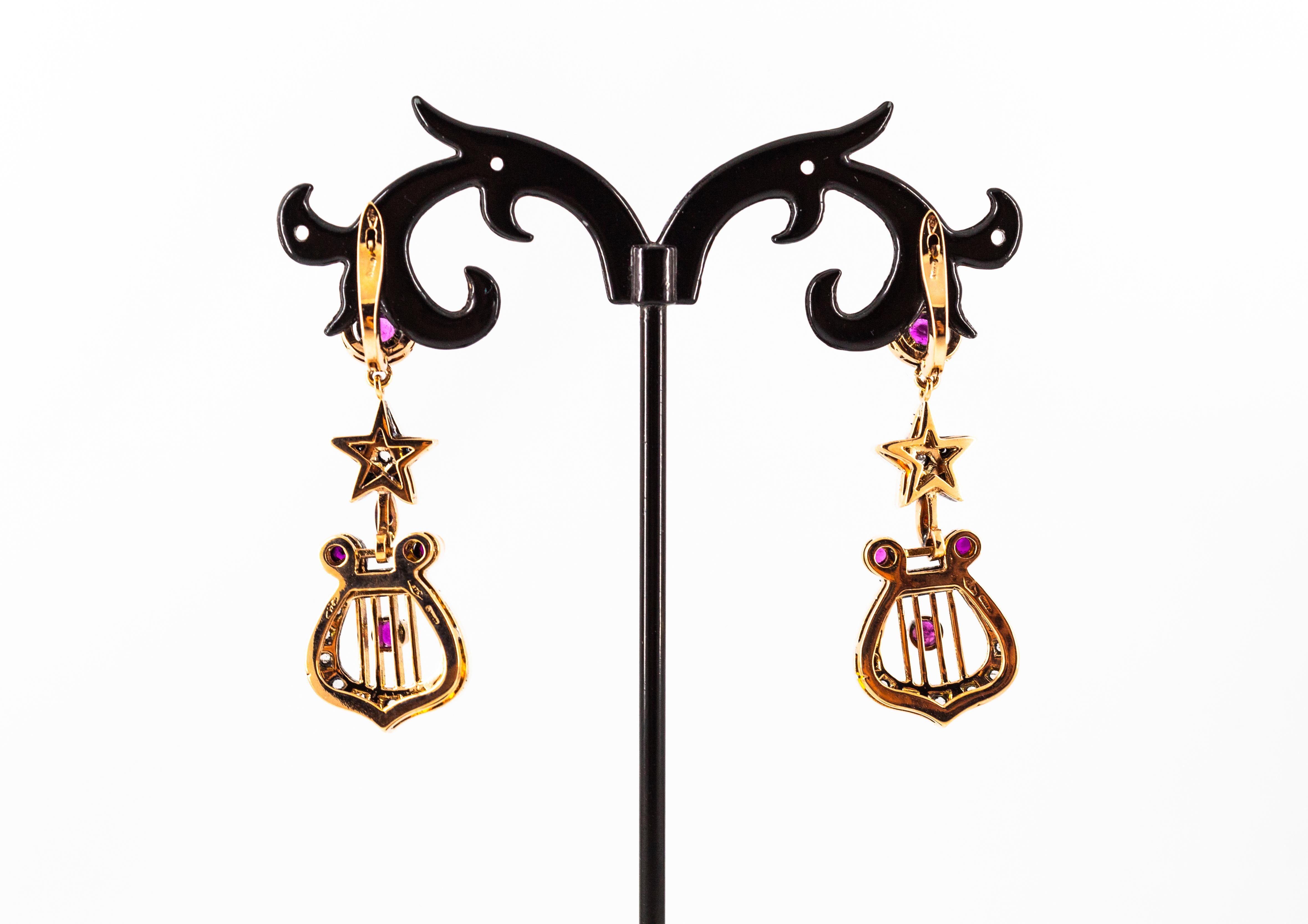 Art Deco Style White Rose Cut Diamond Ruby Yellow Gold Lever-Back Drop Earrings For Sale 3