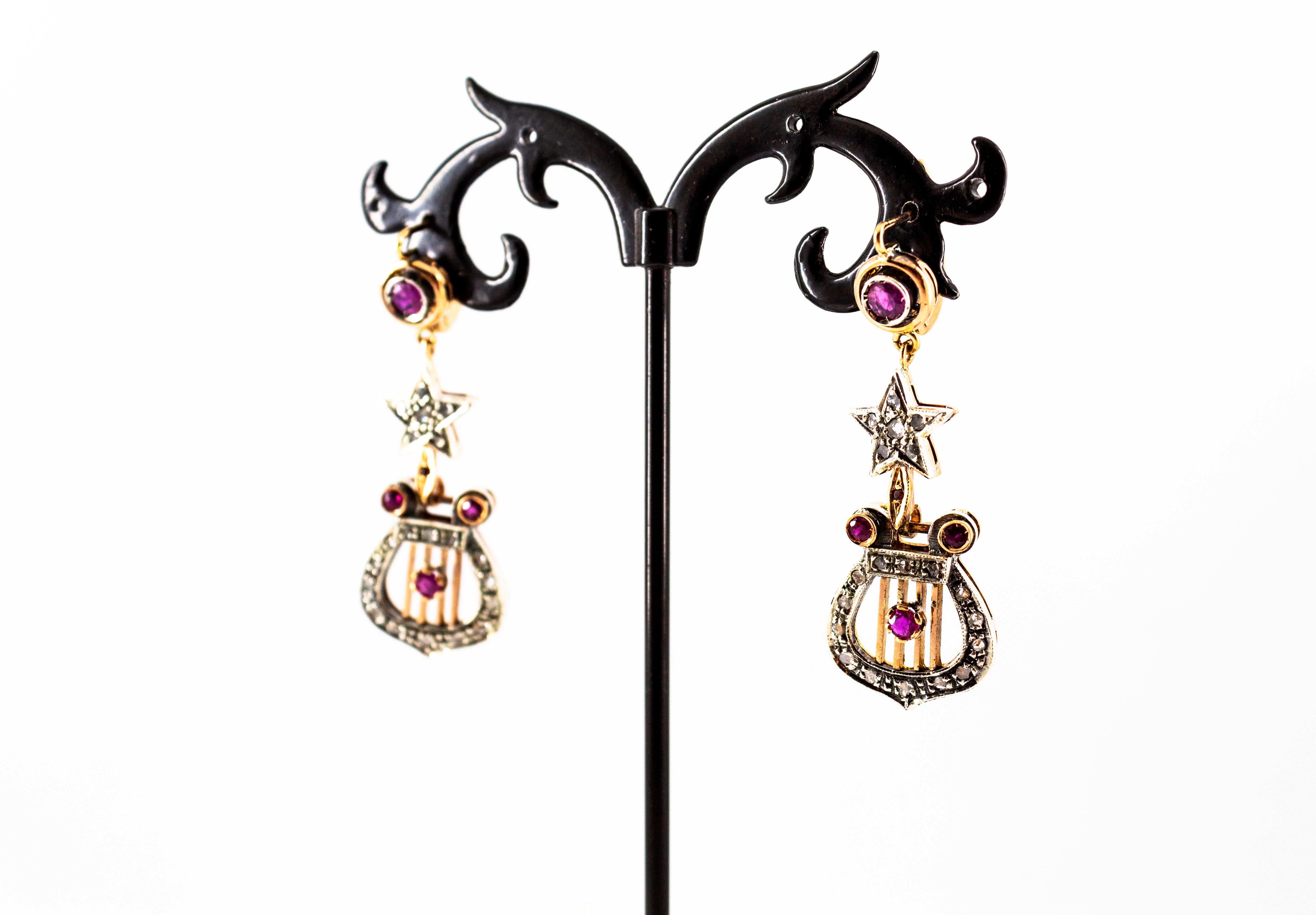 Art Deco Style White Rose Cut Diamond Ruby Yellow Gold Lever-Back Drop Earrings For Sale 4