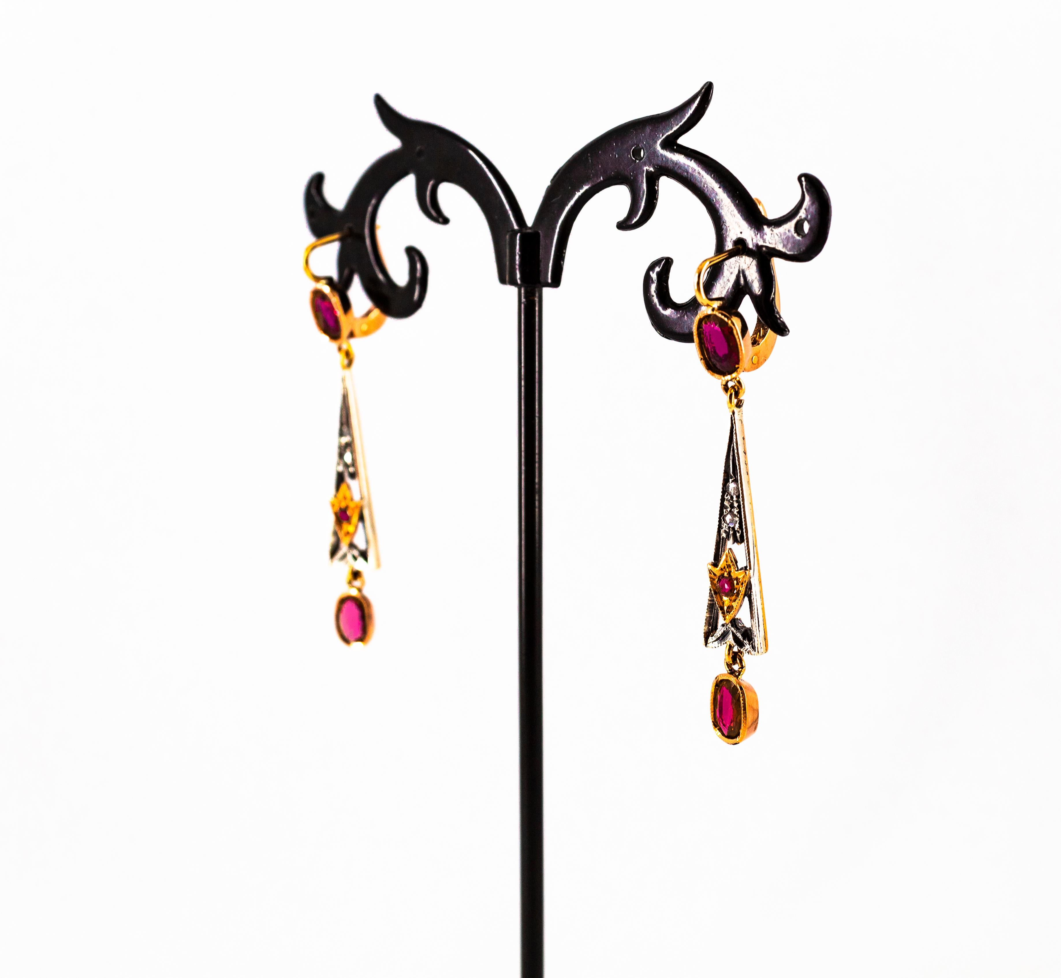 Boucles d'oreilles pendantes de style Art déco en or jaune avec diamants blancs taille rose et rubis en vente 4