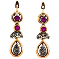 Art Deco Style White Rose Cut Diamond Ruby Yellow Gold Lever-Back Drop Earrings