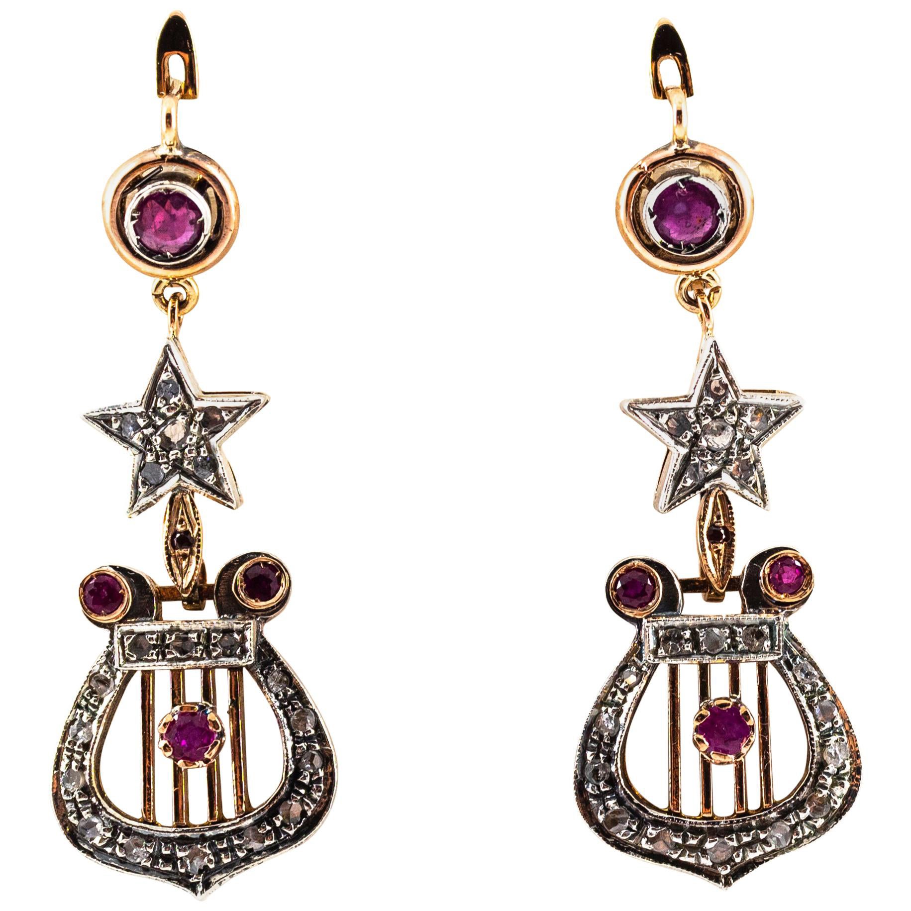 Art Deco Style White Rose Cut Diamond Ruby Yellow Gold Lever-Back Drop Earrings For Sale