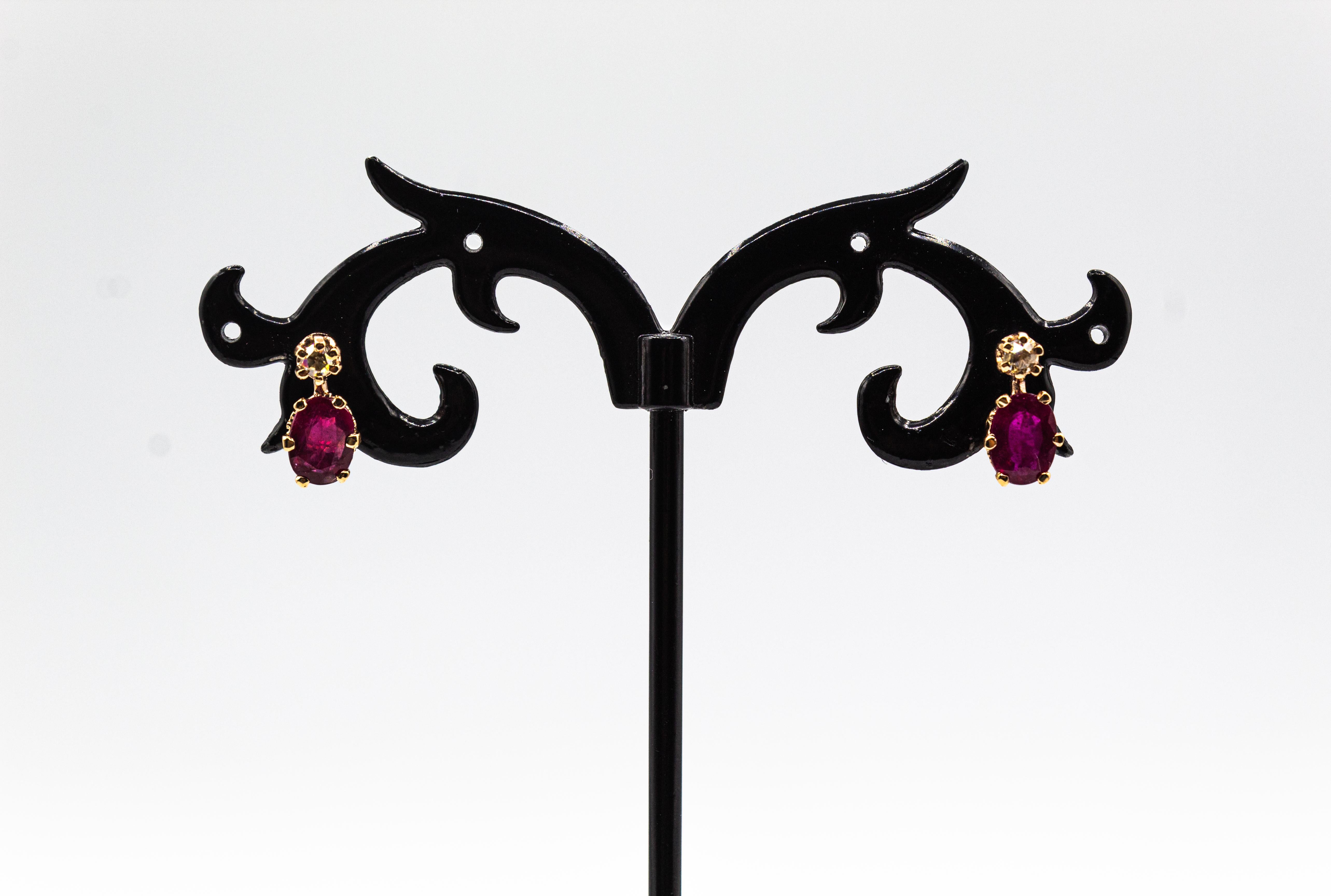 Art Deco Style White Rose Cut Diamond Ruby Yellow Gold Lever-Back Earrings For Sale 8
