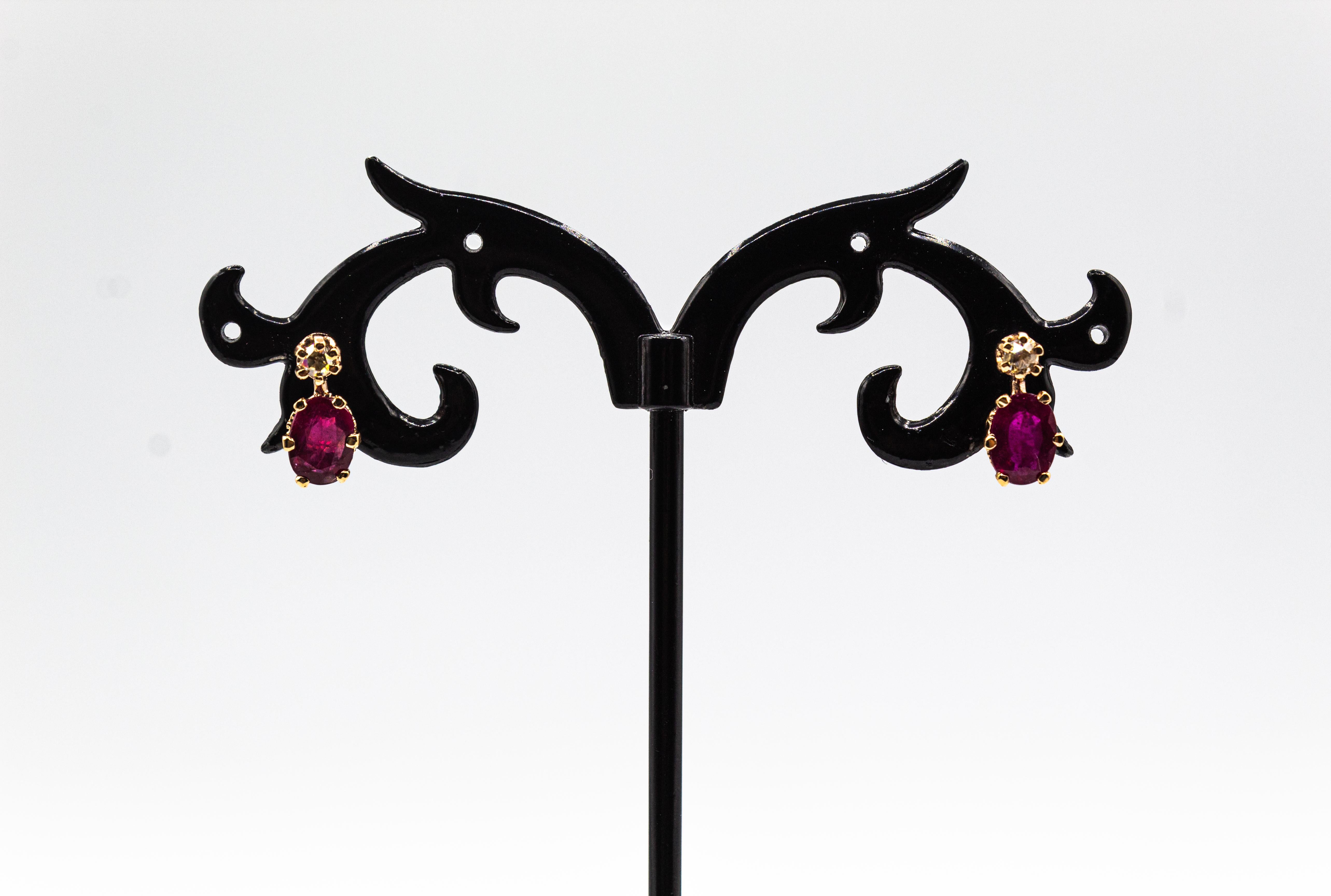 Art Deco Style White Rose Cut Diamond Ruby Yellow Gold Lever-Back Earrings im Angebot 6