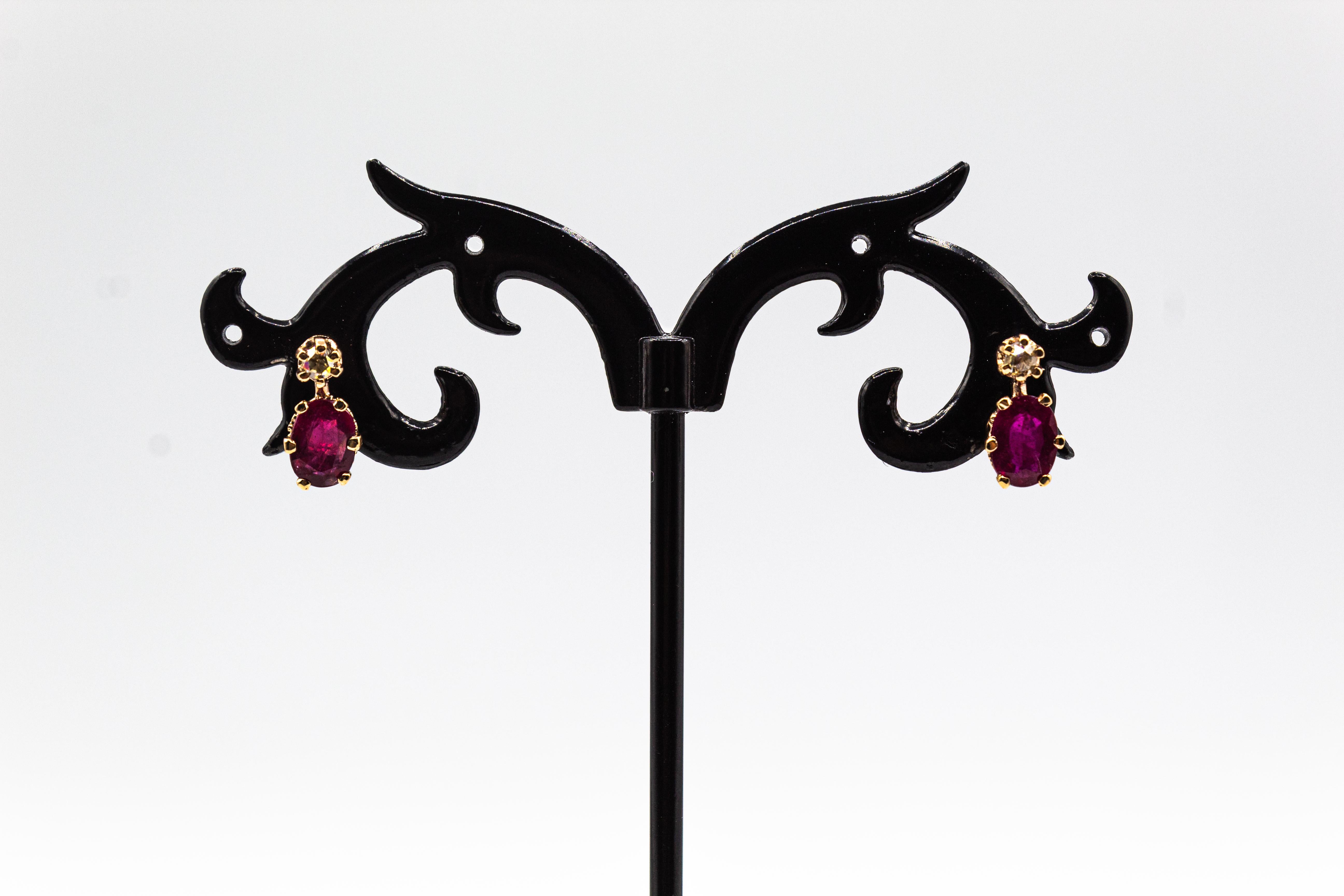 Art Deco Style White Rose Cut Diamond Ruby Yellow Gold Lever-Back Earrings For Sale 9