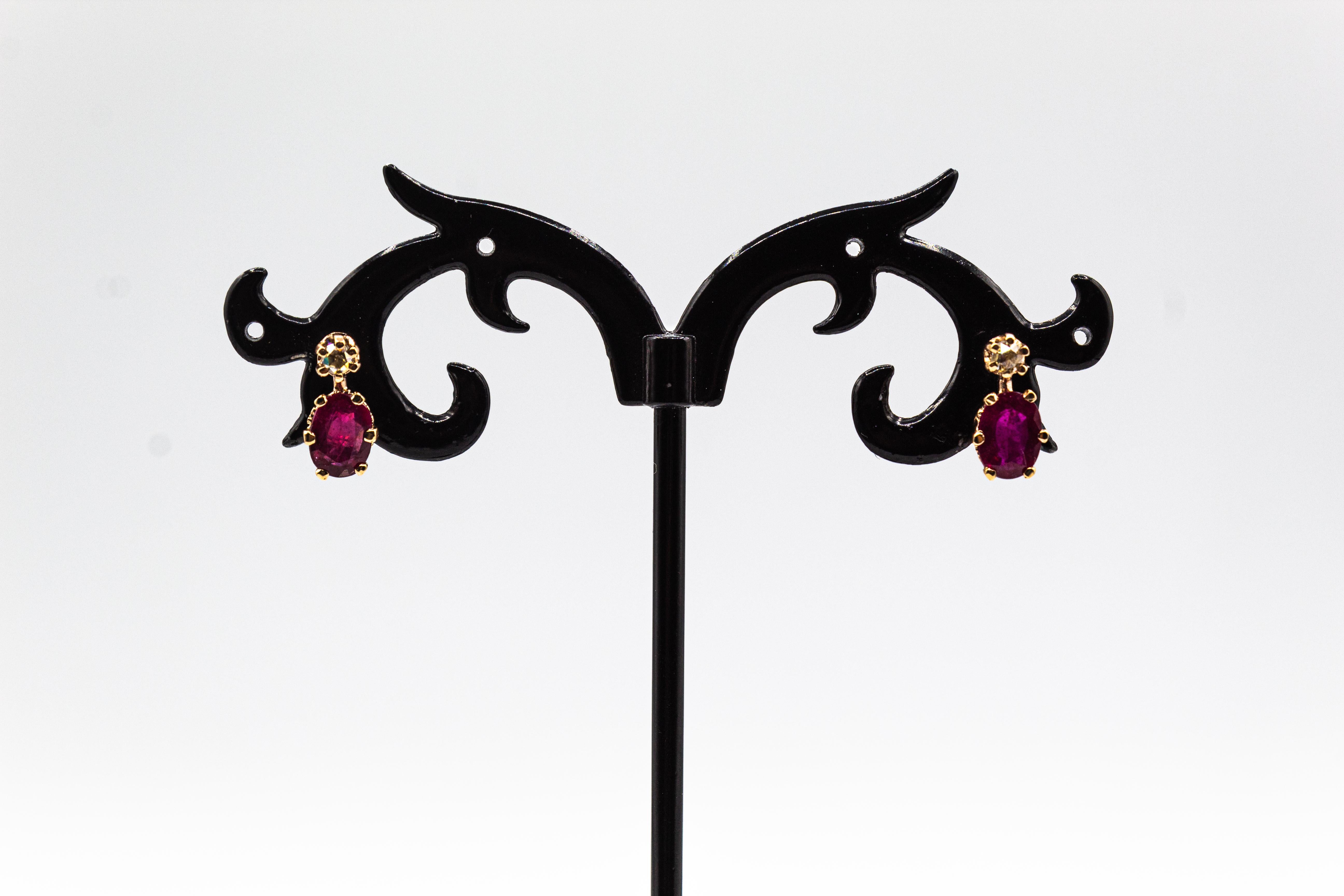 Art Deco Style White Rose Cut Diamond Ruby Yellow Gold Lever-Back Earrings For Sale 11