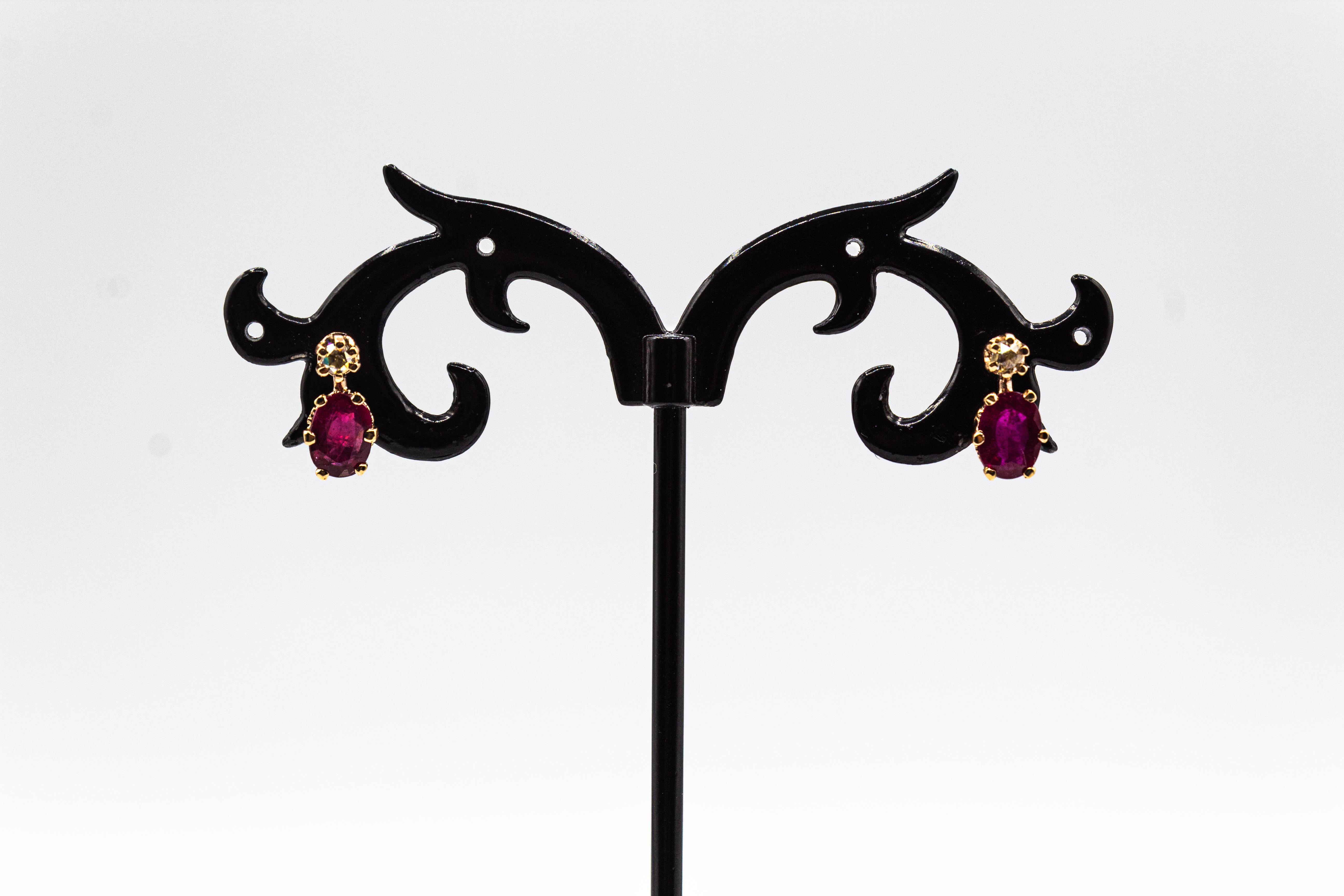 Boucles d'oreilles à levier de style Art déco en or jaune avec diamants blancs taille rose et rubis en vente 10