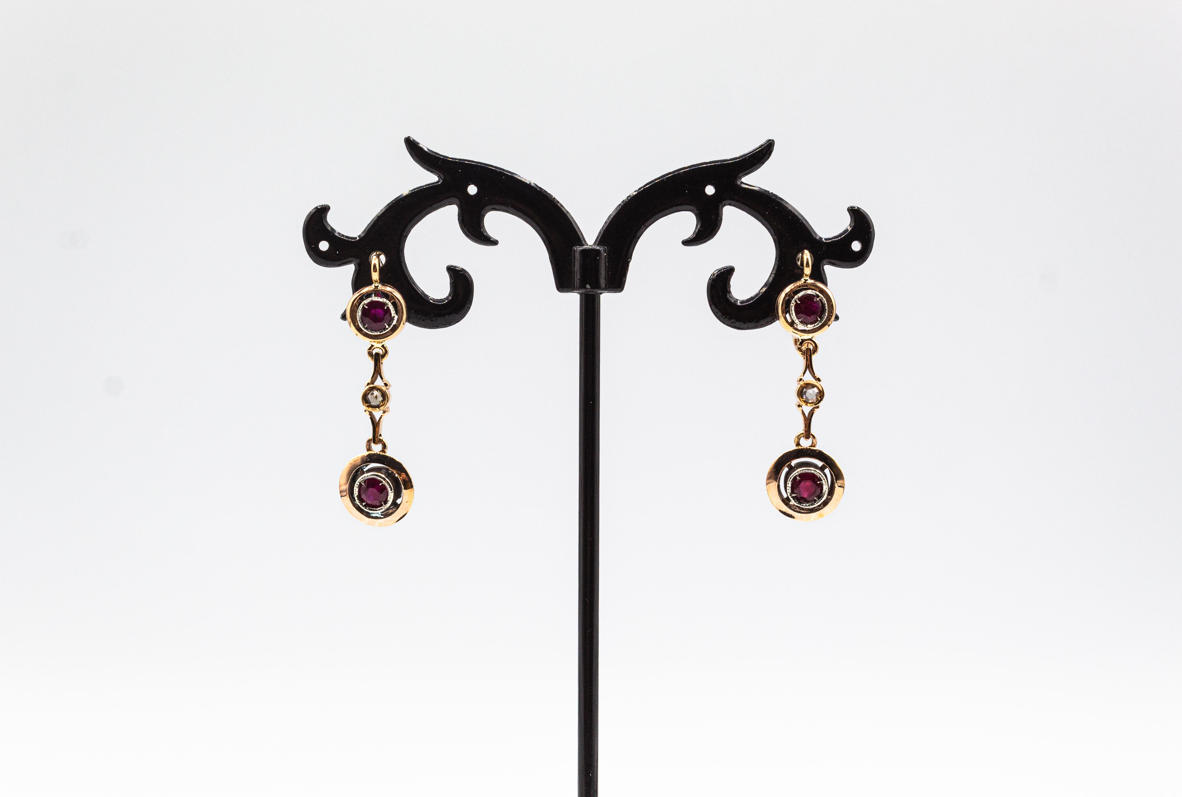 Round Cut Art Deco Style  White Rose Cut Diamond Ruby Yellow Gold Lever-Back Earrings For Sale
