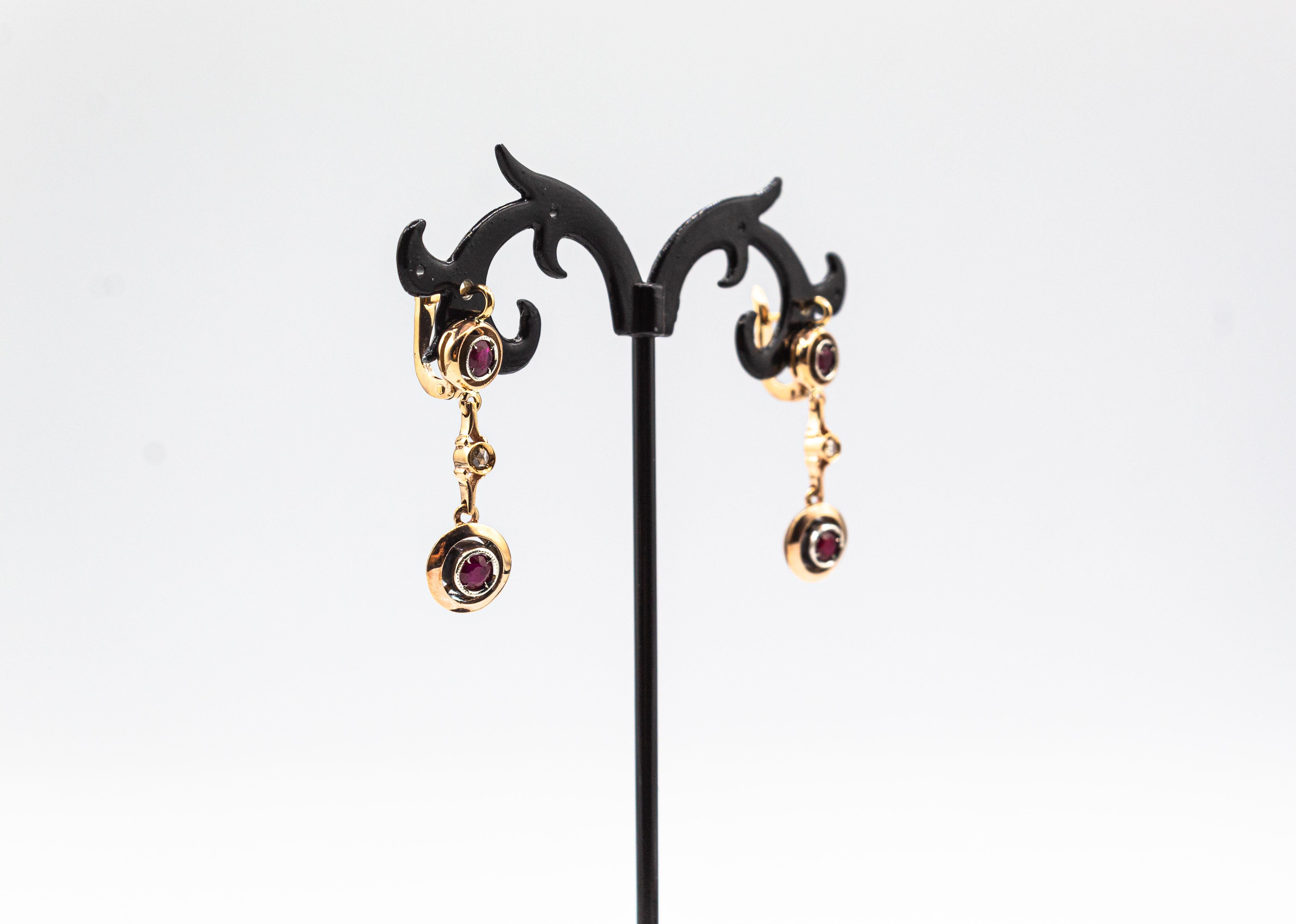 Art Deco Style  White Rose Cut Diamond Ruby Yellow Gold Lever-Back Earrings In New Condition For Sale In Naples, IT