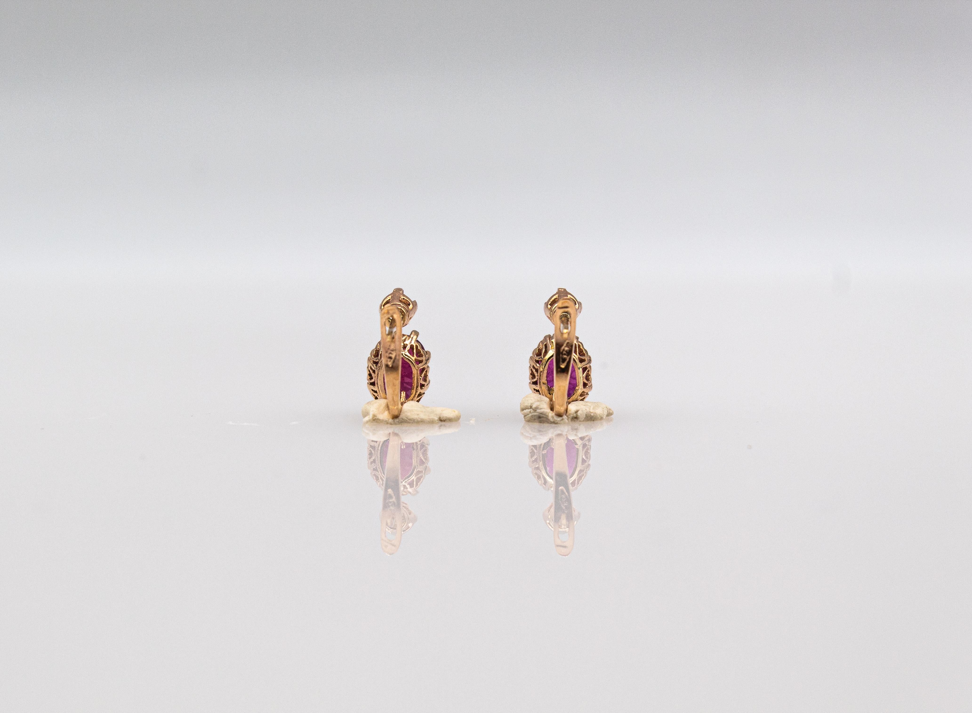 Women's or Men's Art Deco Style White Rose Cut Diamond Ruby Yellow Gold Lever-Back Earrings For Sale