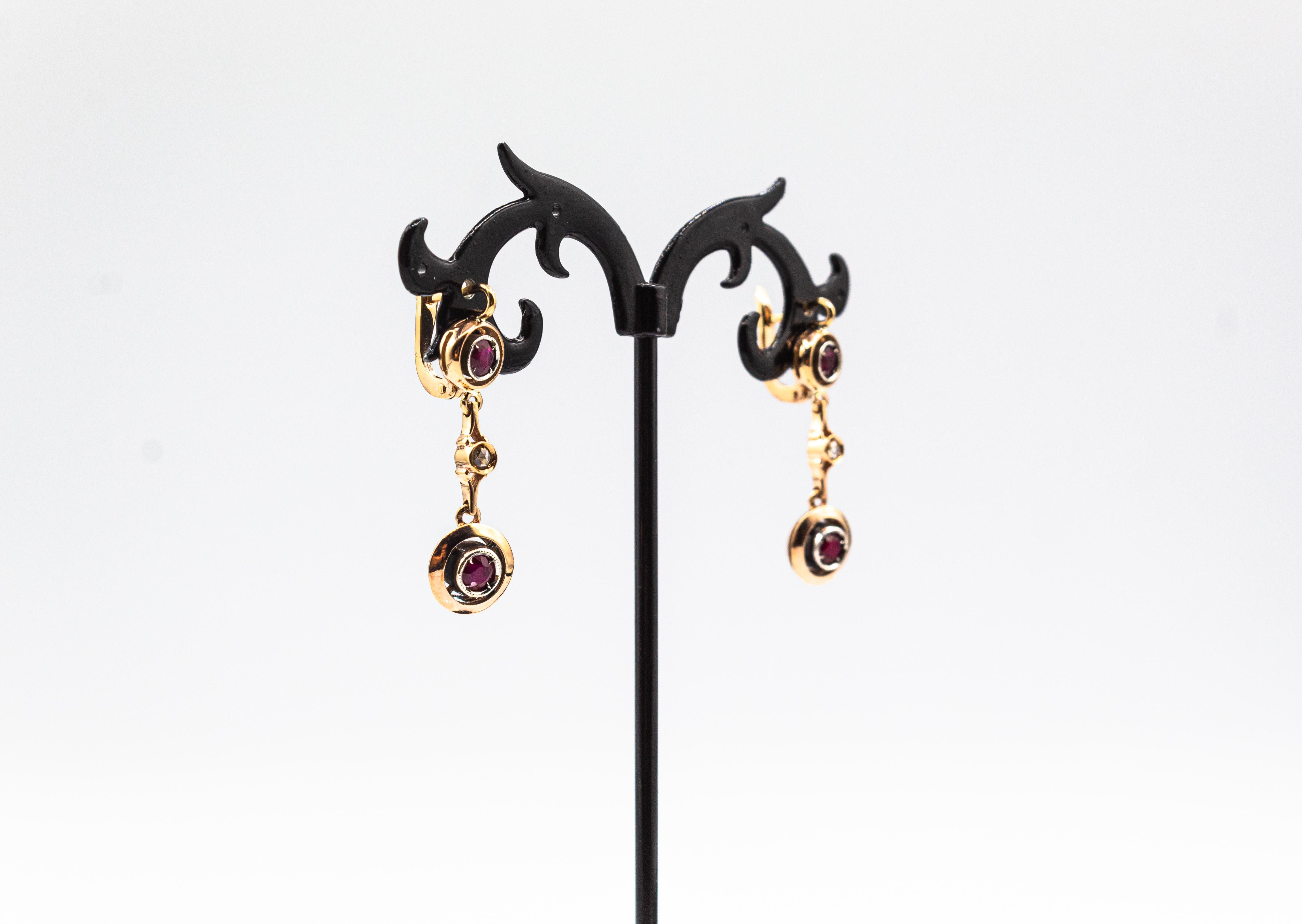 Women's or Men's Art Deco Style  White Rose Cut Diamond Ruby Yellow Gold Lever-Back Earrings For Sale
