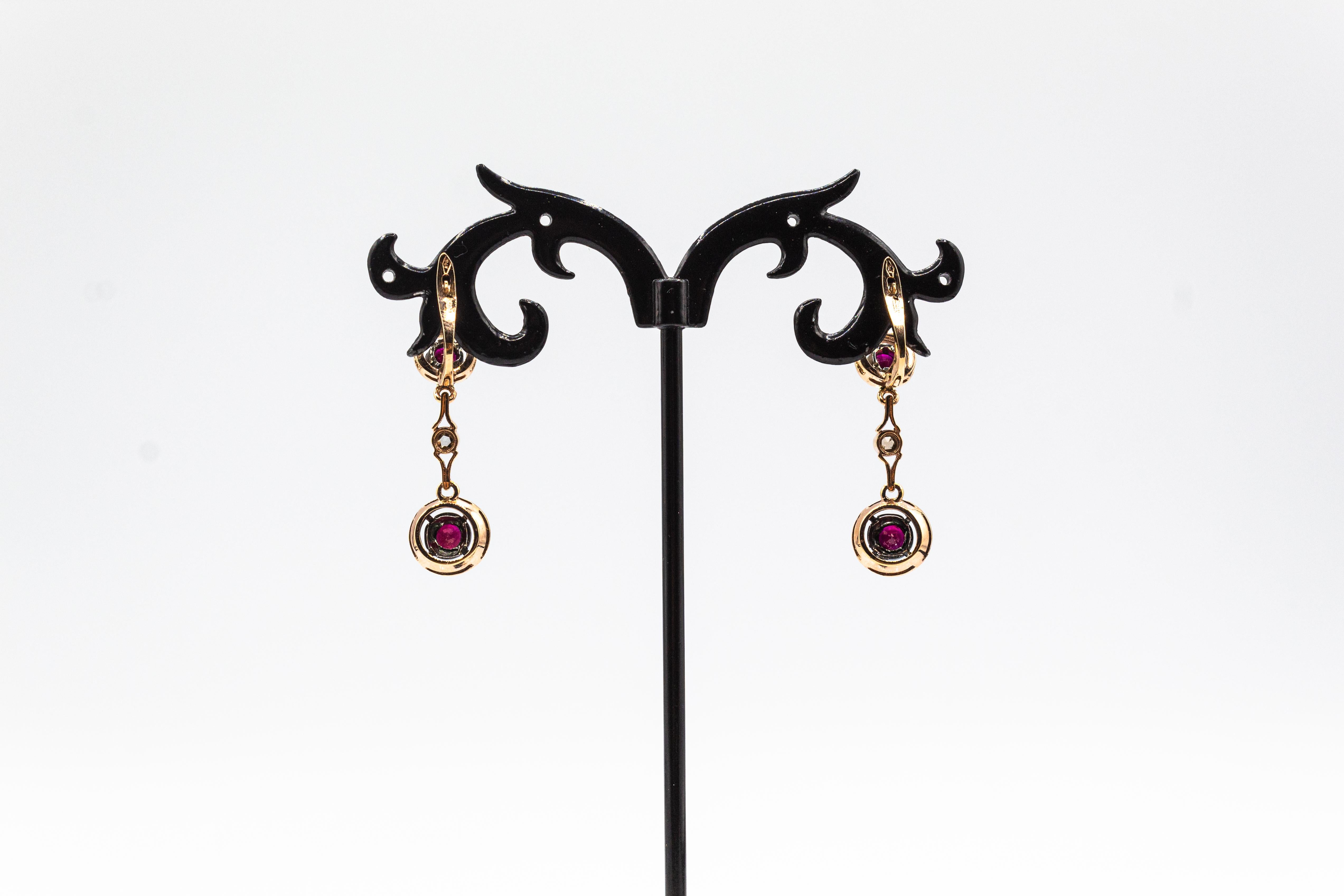 Art Deco Style  White Rose Cut Diamond Ruby Yellow Gold Lever-Back Earrings For Sale 1
