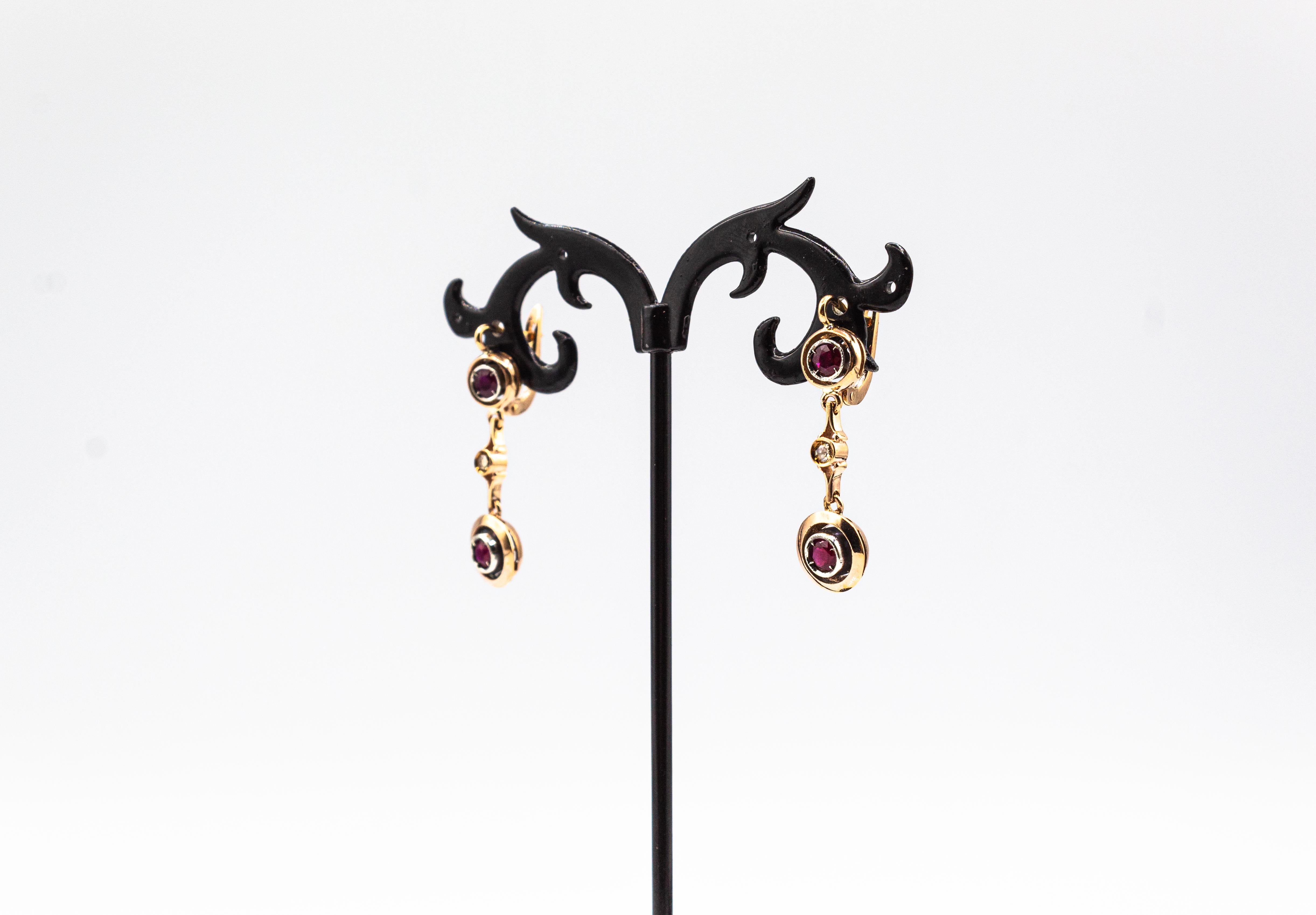 Art Deco Style  White Rose Cut Diamond Ruby Yellow Gold Lever-Back Earrings For Sale 2
