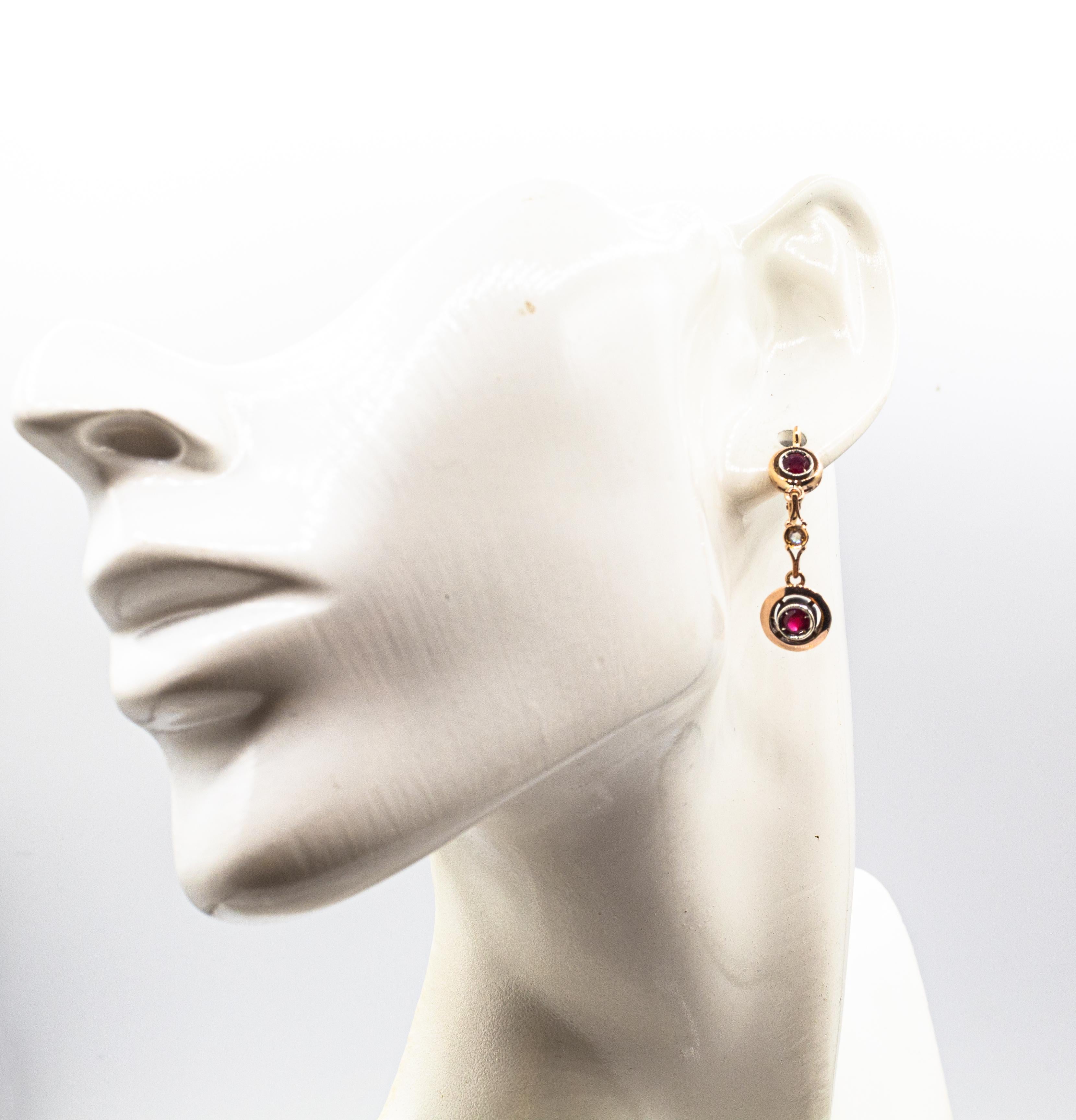 Style Art Déco  Boucles d'oreilles à levier en or jaune avec diamant blanc taillé en rose et rubis en vente 2