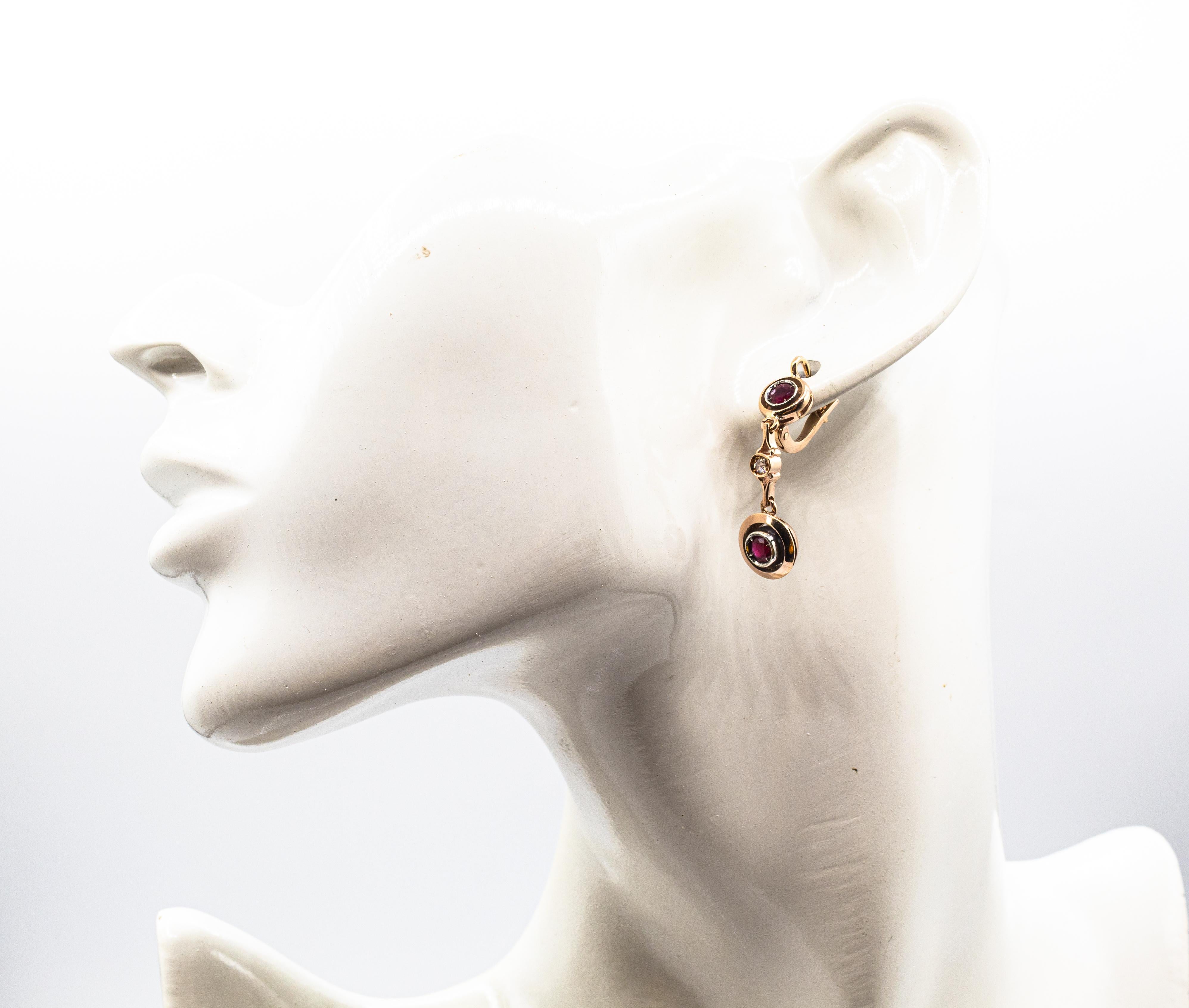 Art Deco Stil  Weißer Diamant im Rosenschliff Rubin Gelbgold Ohrringe mit Hebelverschluss im Angebot 3