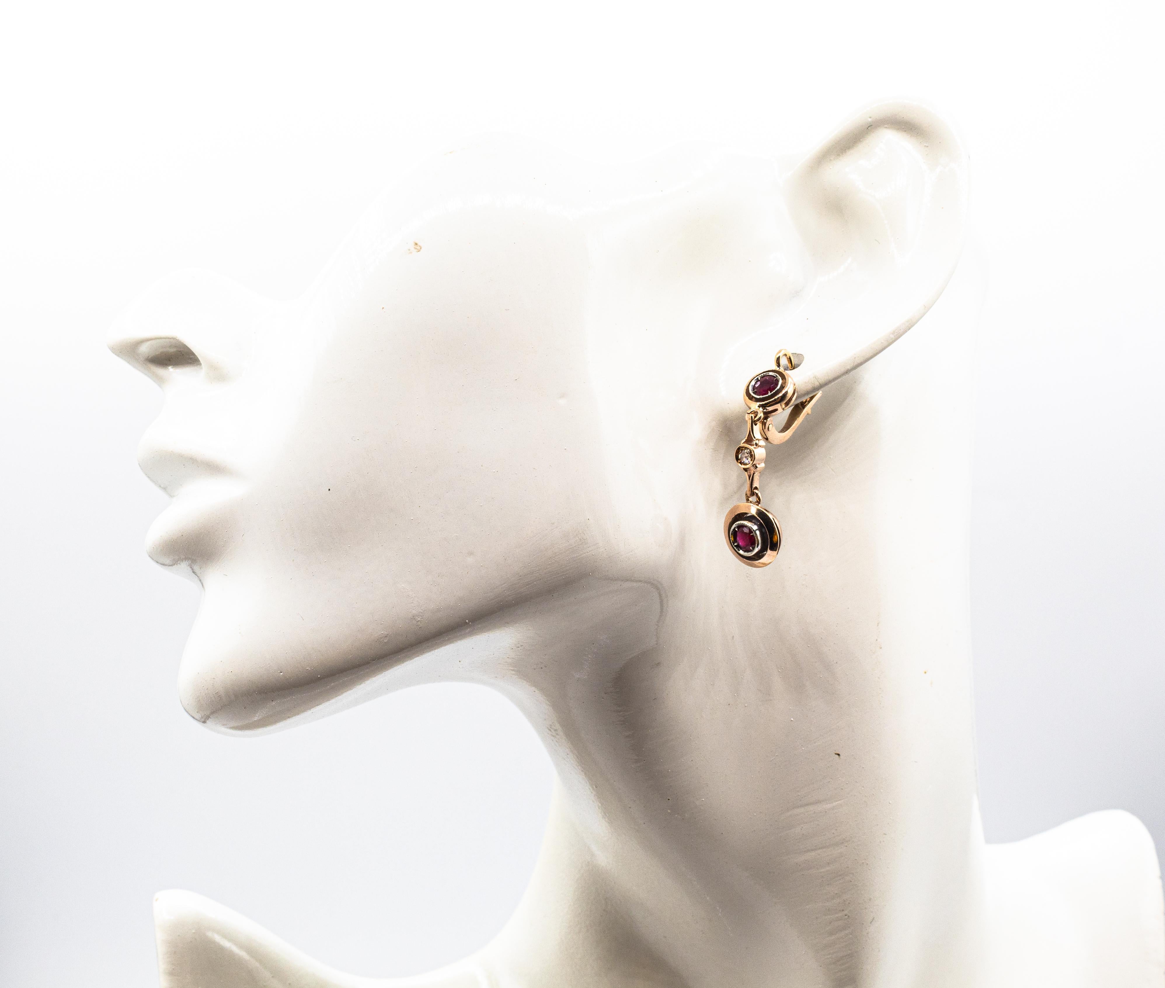 Style Art Déco  Boucles d'oreilles à levier en or jaune avec diamant blanc taillé en rose et rubis en vente 3