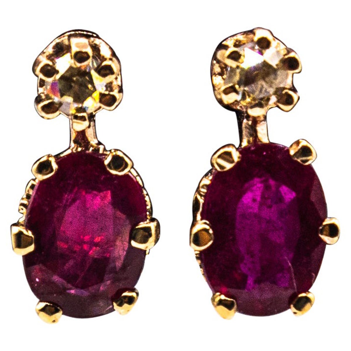 Art Deco Style White Rose Cut Diamond Ruby Yellow Gold Lever-Back Earrings