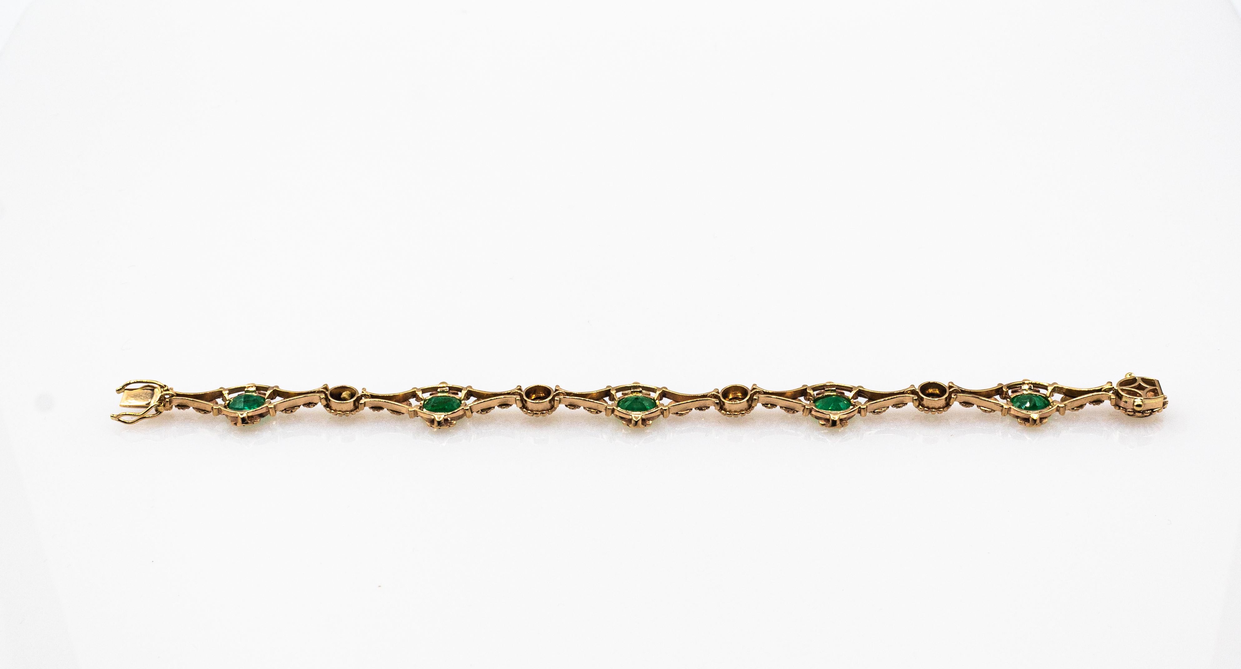 Art Deco Style White Round Cut Diamond Oval Cut Emerald Yellow Gold Bracelet 1