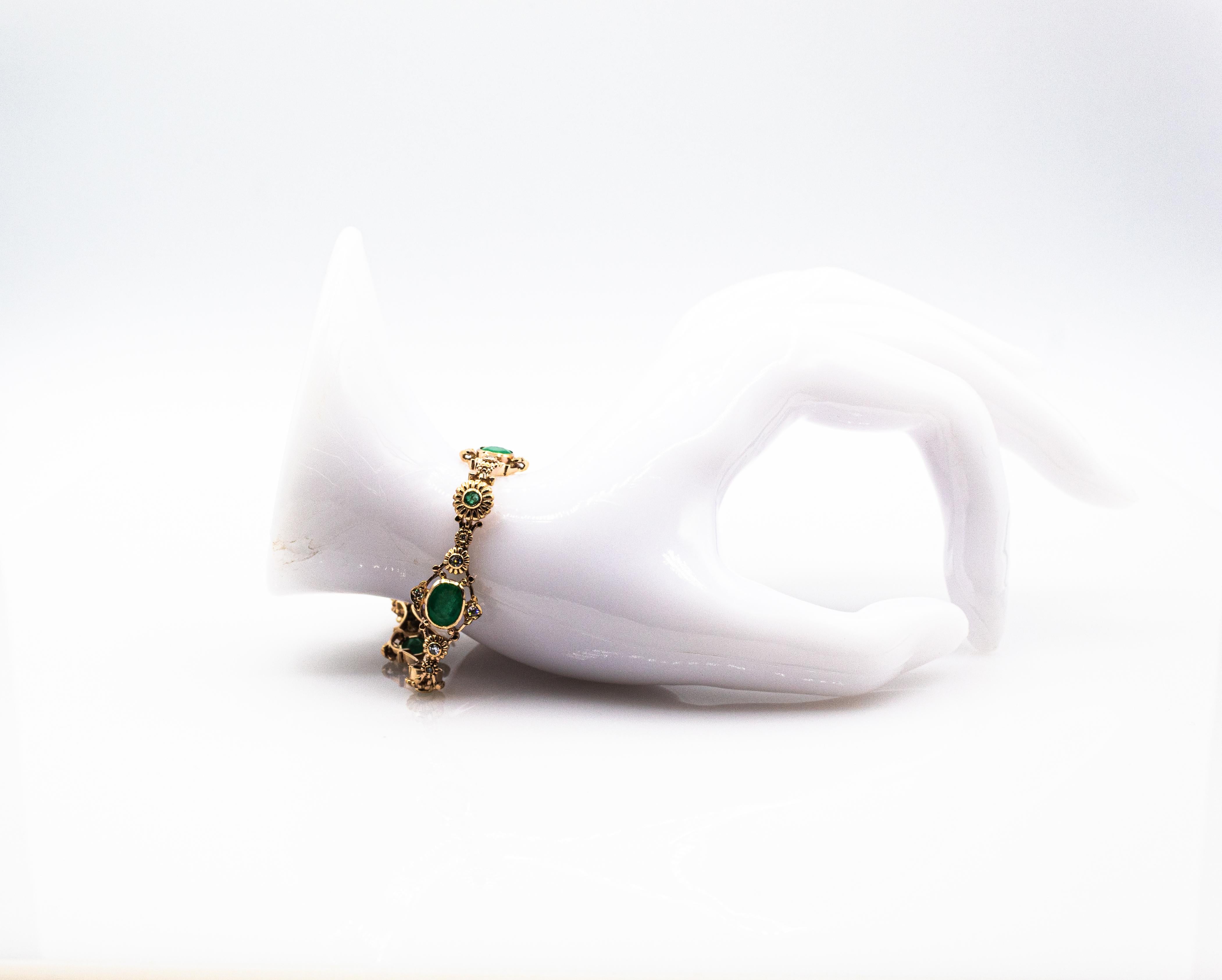 Art Deco Style White Round Cut Diamond Oval Cut Emerald Yellow Gold Bracelet For Sale 3