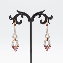 Art Deco Style White Round Cut Diamond Ruby Yellow Gold Lever-Back Earrings