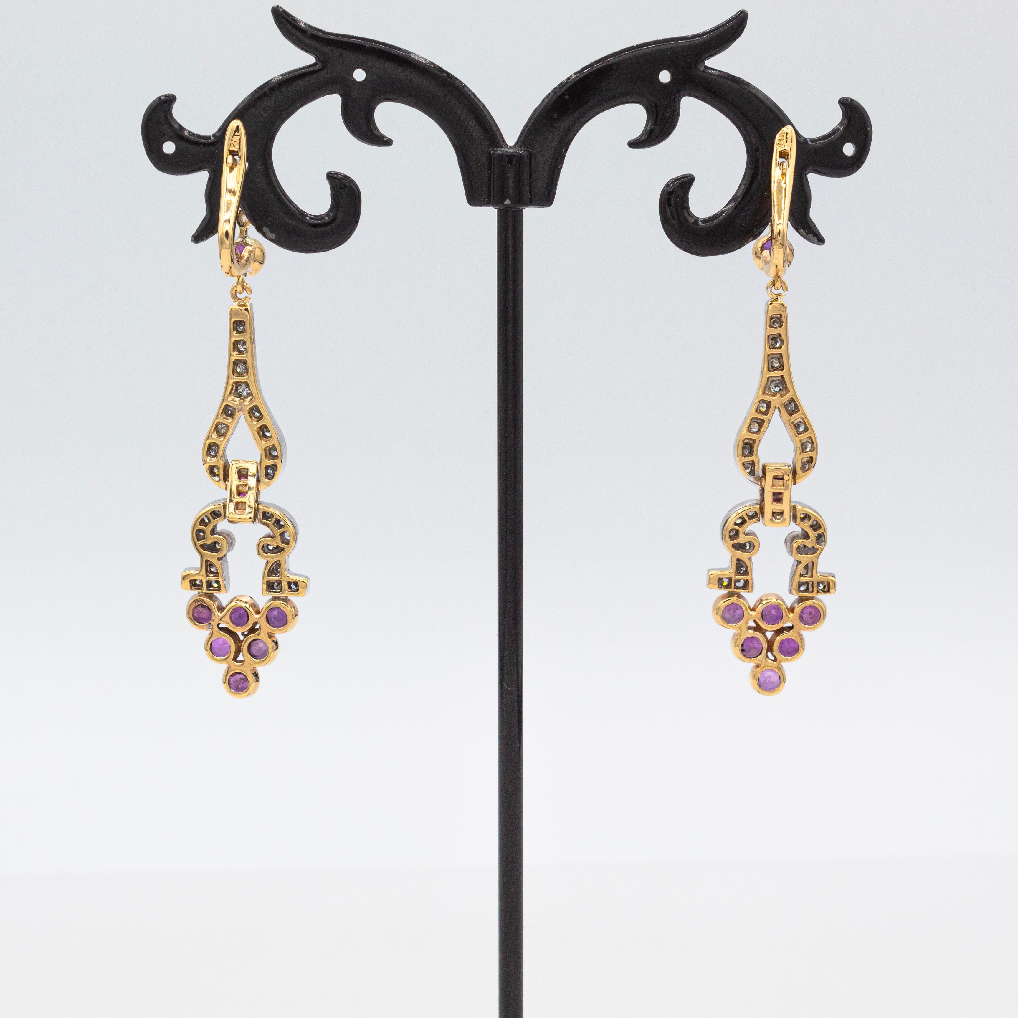 Art Deco Style White Round Cut Diamond Ruby Yellow Gold Lever-Back Earrings For Sale 1