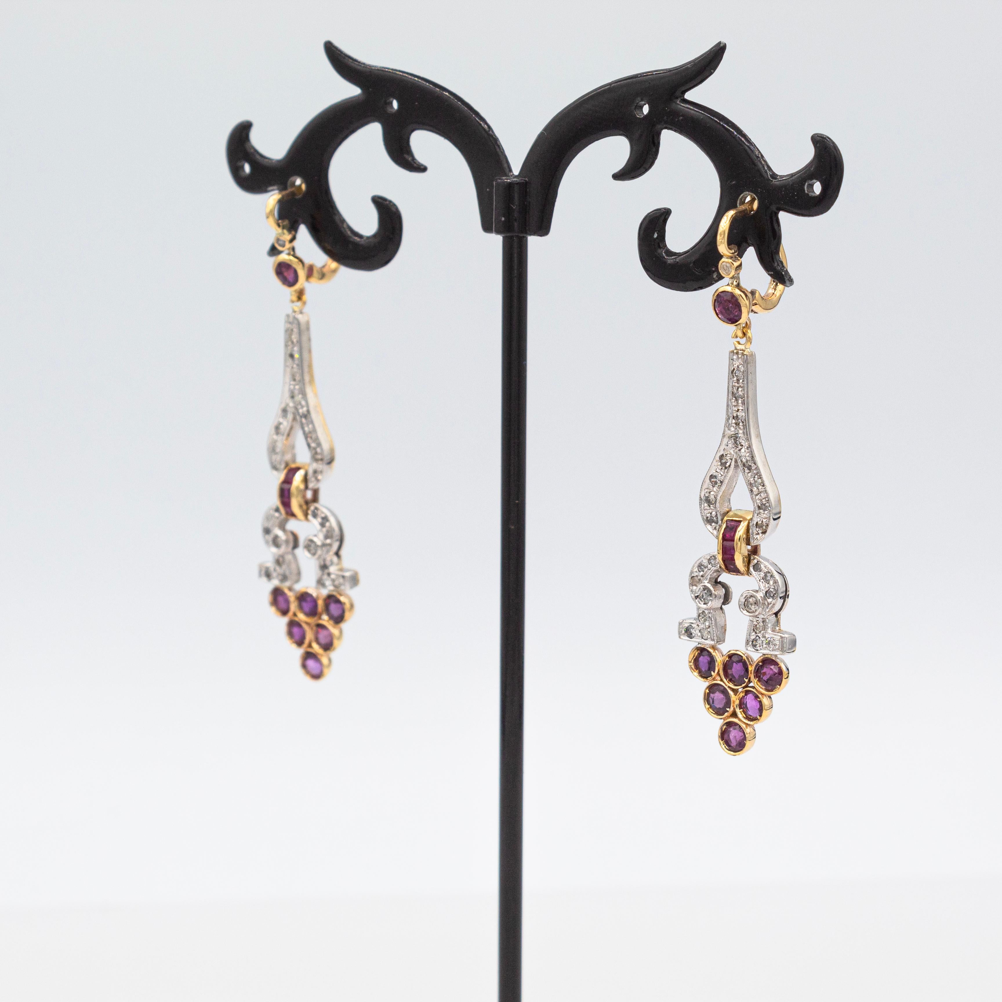Art Deco Style White Round Cut Diamond Ruby Yellow Gold Lever-Back Earrings For Sale 2