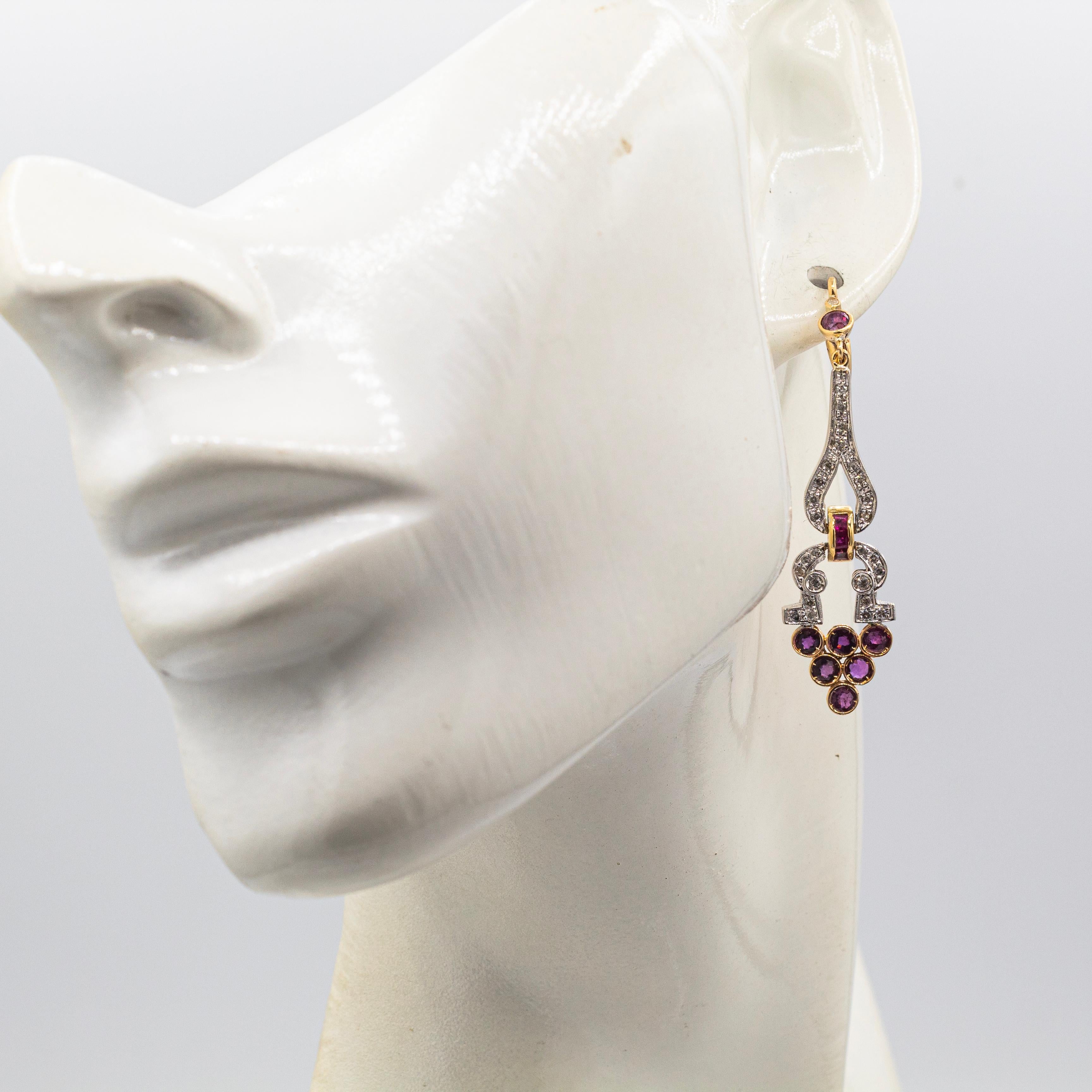 Art Deco Style White Round Cut Diamond Ruby Yellow Gold Lever-Back Earrings For Sale 3