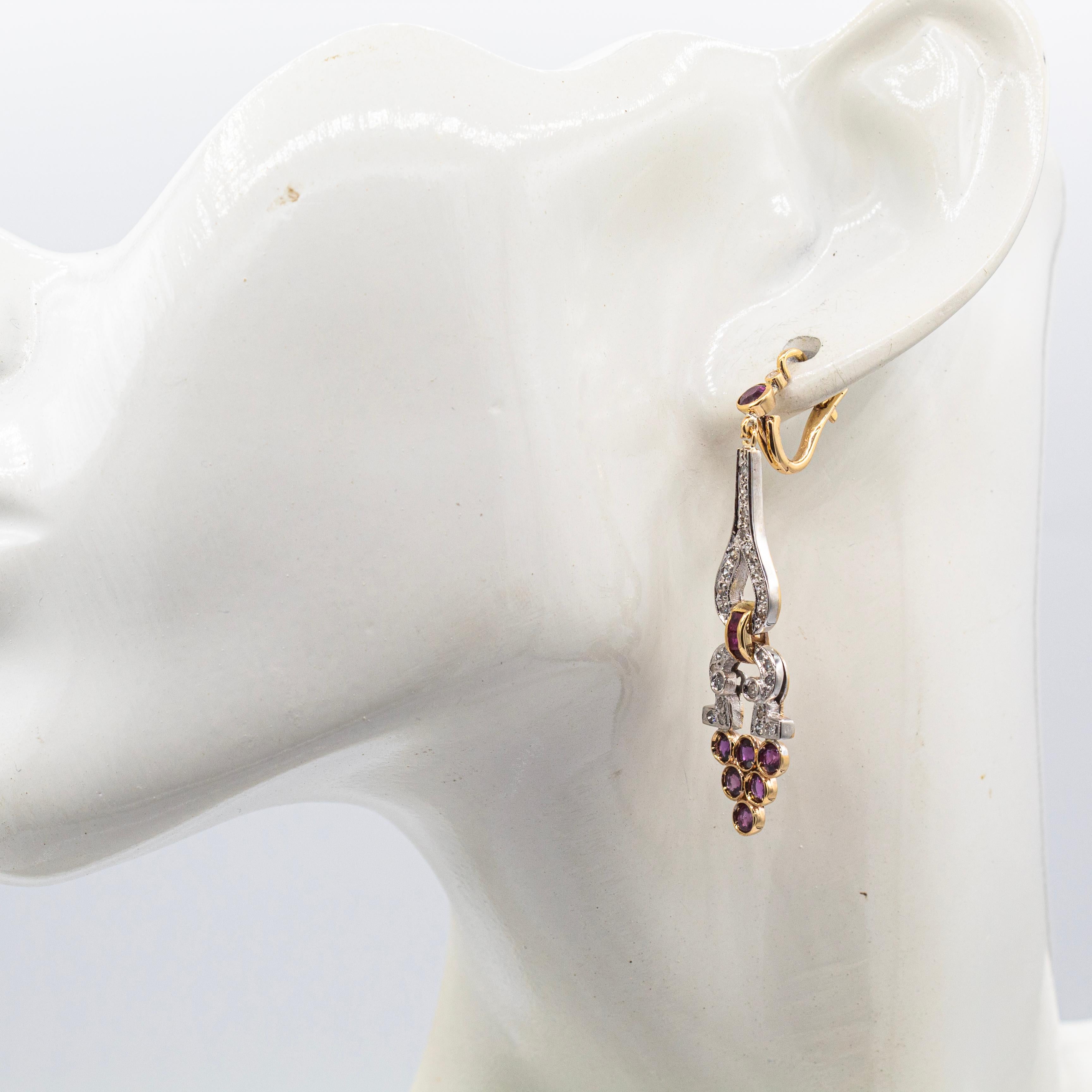 Art Deco Style White Round Cut Diamond Ruby Yellow Gold Lever-Back Earrings For Sale 4