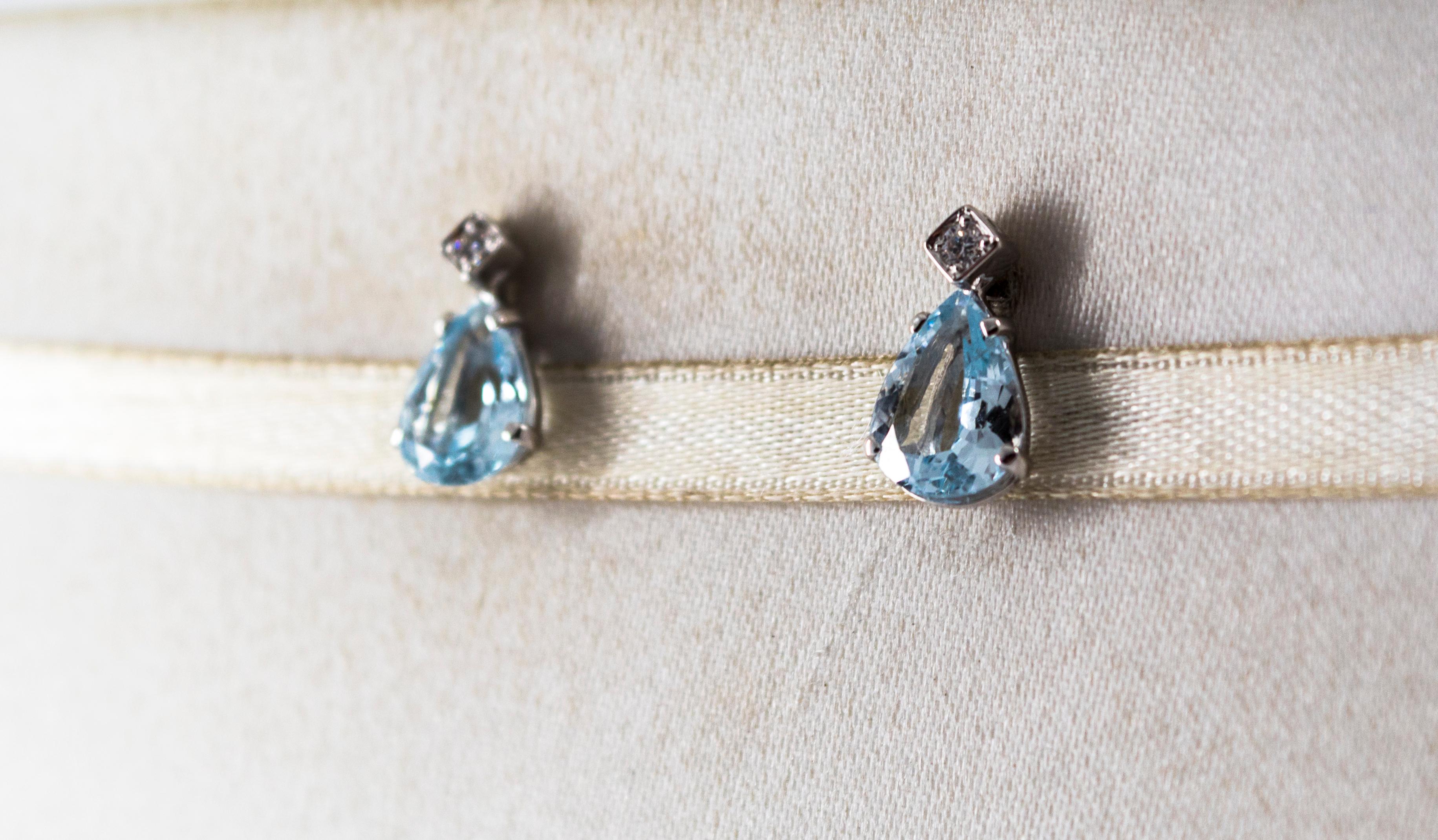 Art Deco Stil Weißer Zirkon Aquamarin mit Birnenschliff Weißgold Platte Ohrstecker im Angebot 4