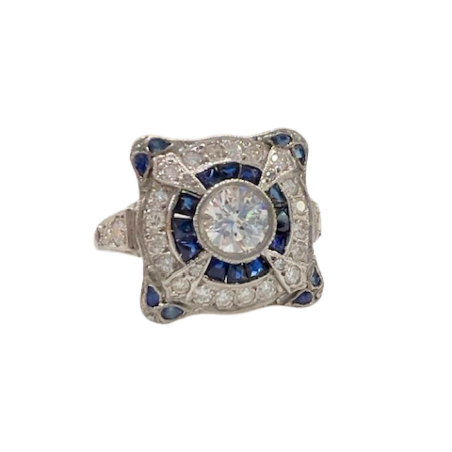Anello in stile Art Deco con diamanti da 0,88 carati e zaffiri taglio pera in platino in vendita 1