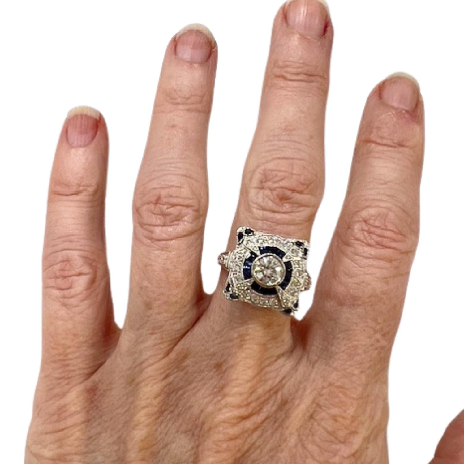 Anello in stile Art Deco con diamanti da 0,88 carati e zaffiri taglio pera in platino in vendita 3