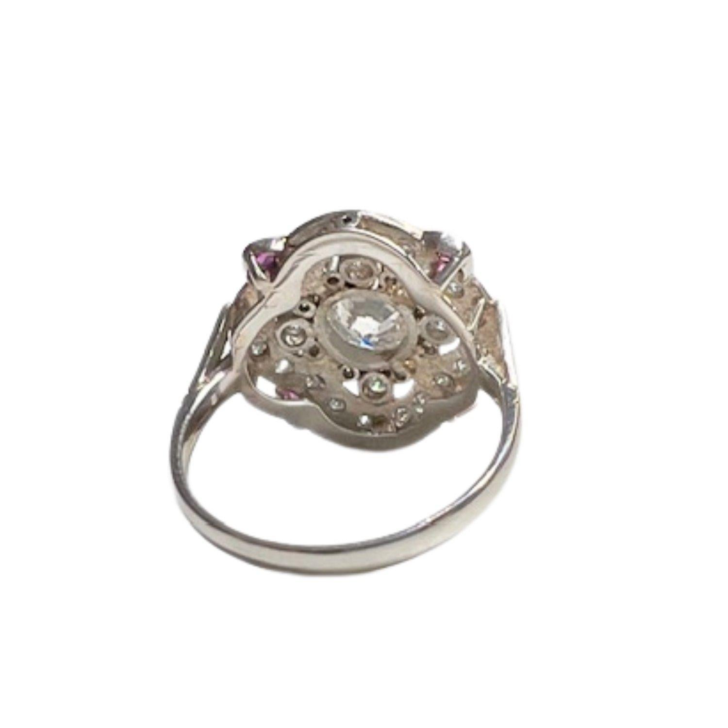 Women's Art Deco Style with Central Diamond and Rubies Platinum Ring For Sale