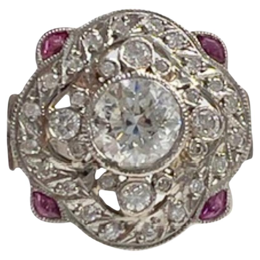 Art Deco Style with Central Diamond and Rubies Platinum Ring For Sale