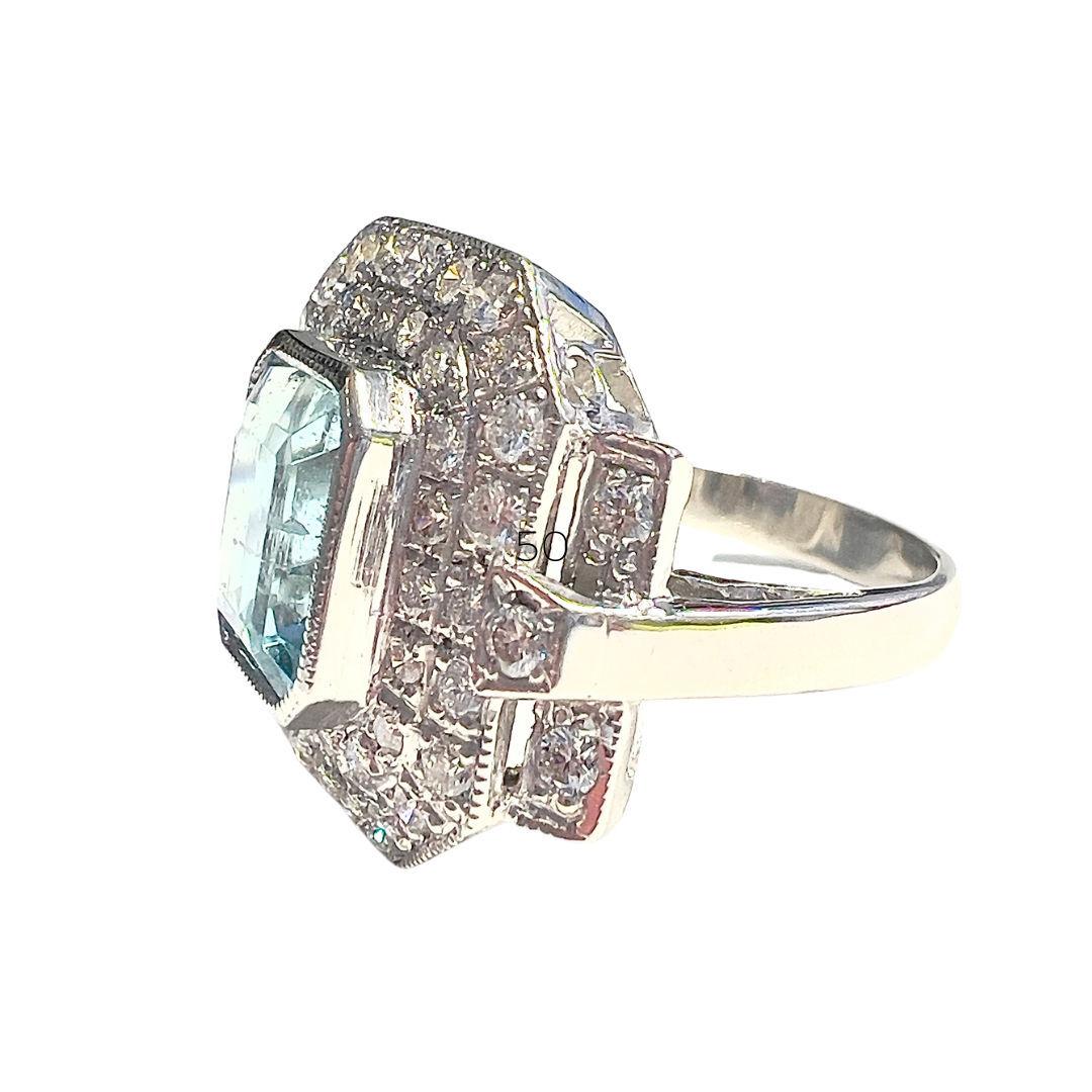 Brilliant Cut Art Deco Style with Diamonds and Aquamarine Platinum Ring For Sale