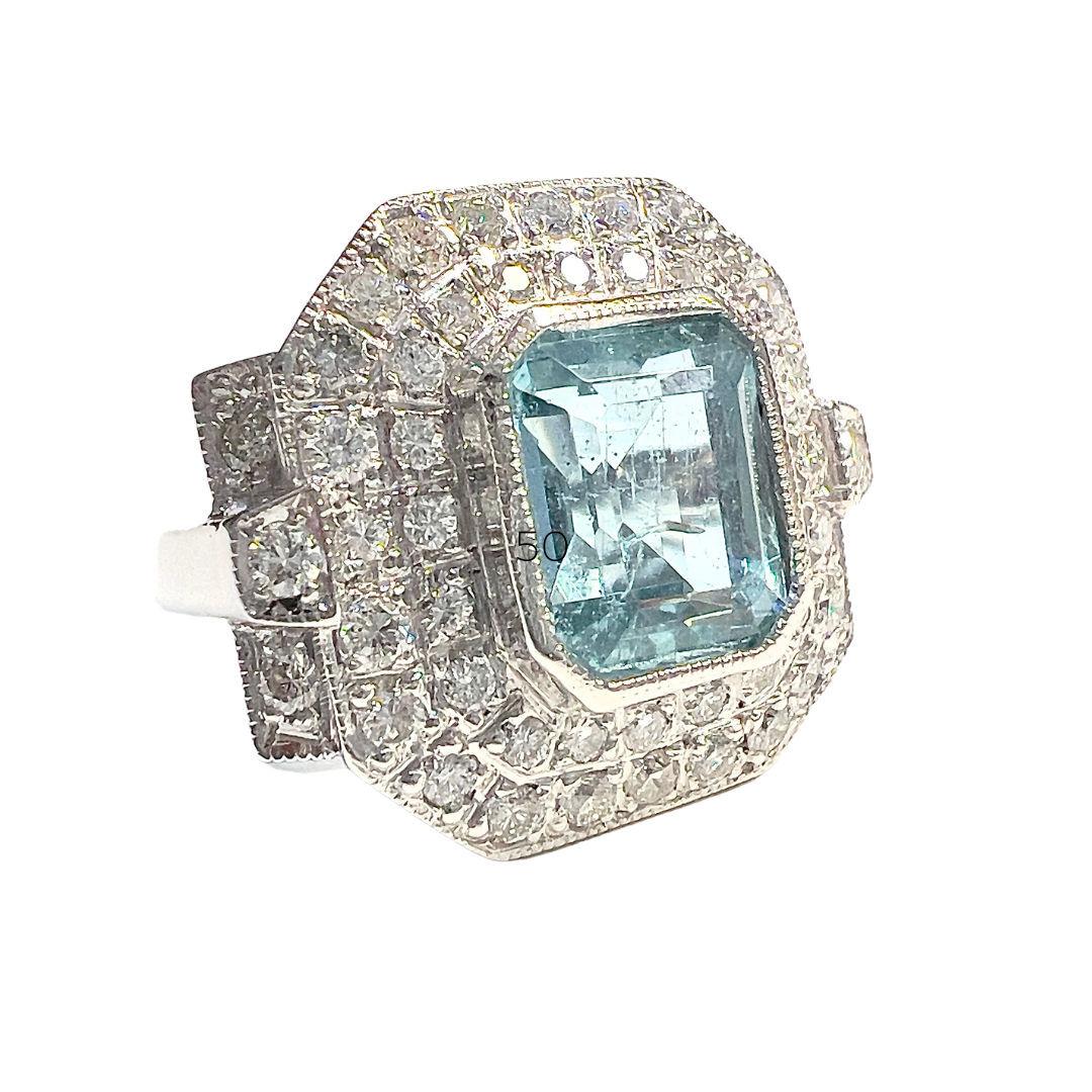 Women's Art Deco Style with Diamonds and Aquamarine Platinum Ring For Sale
