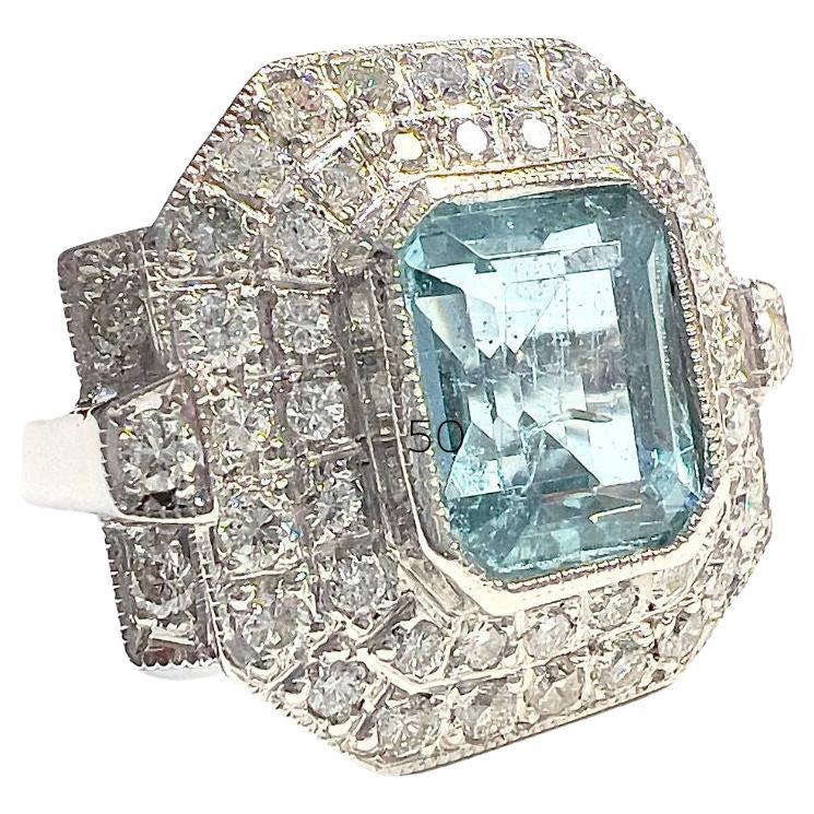 Art Deco Style with Diamonds and Aquamarine Platinum Ring For Sale