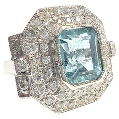 Vintage Art Deco Style with Diamonds and Aquamarine Platinum Ring