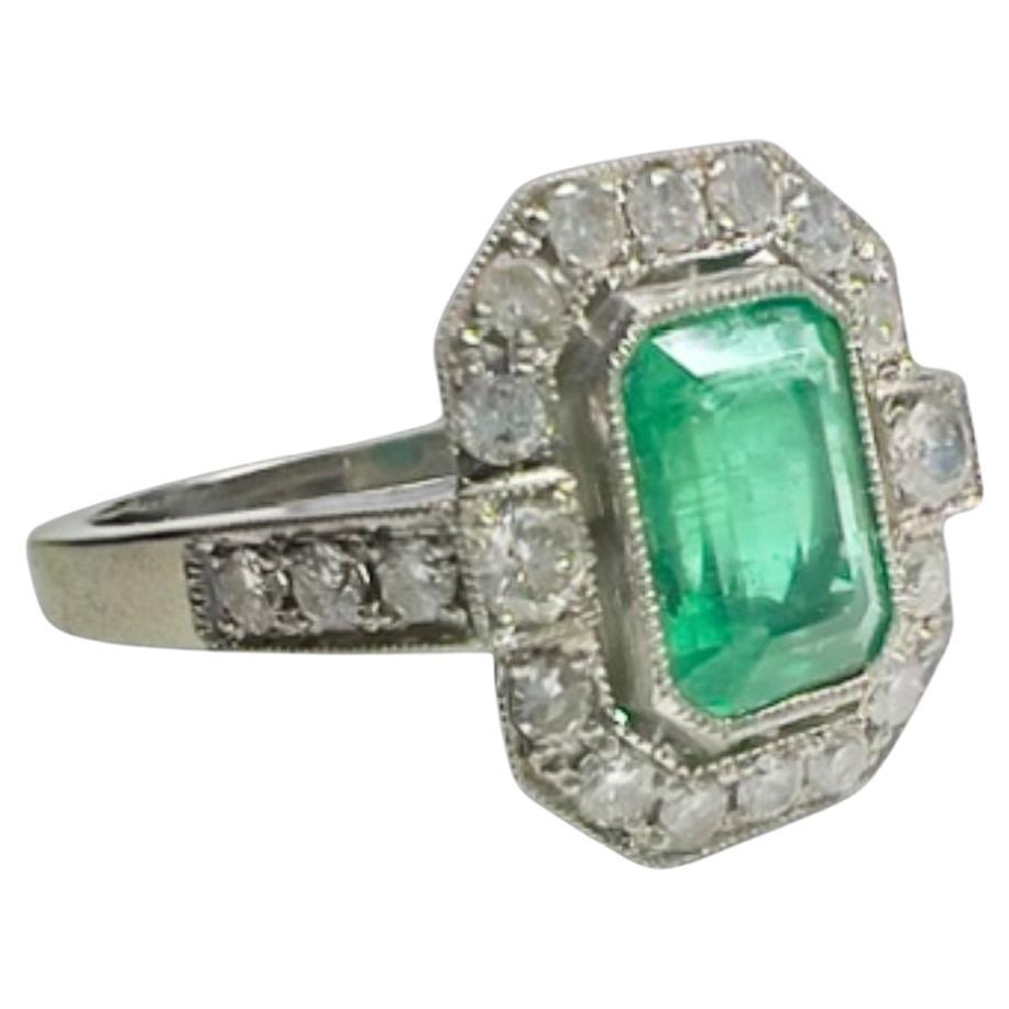 Art Deco Style with Diamonds and Emerald Platinum Ring