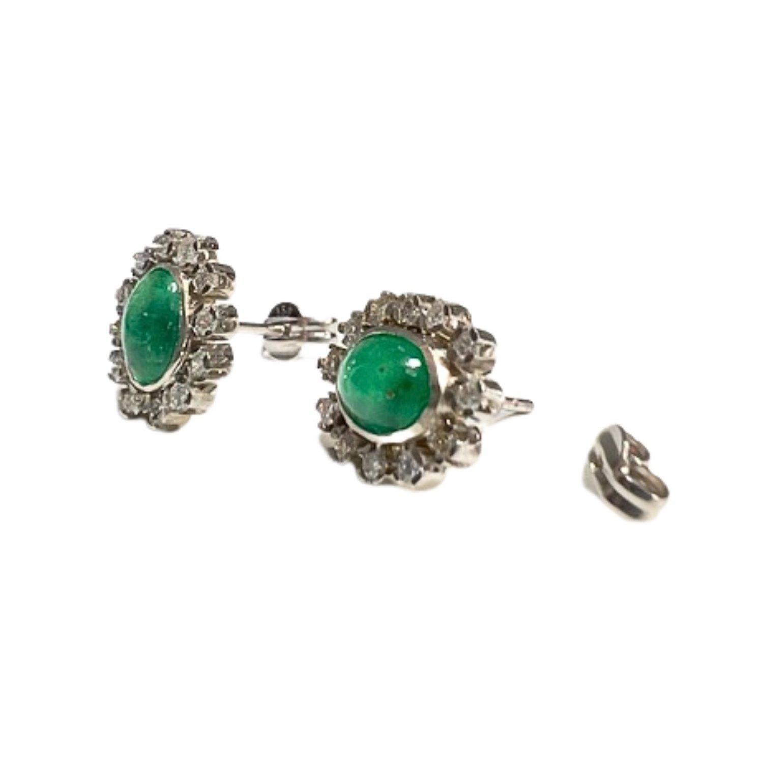 Cabochon Art Deco Style with Diamonds and Emerald Platinum Rosette Ear For Sale