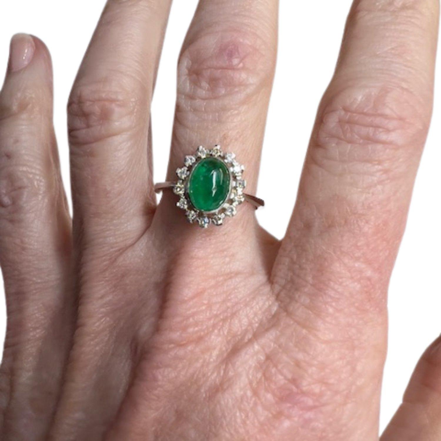 Cabochon Art Deco Style with Diamonds and Emerald Rosette Platinum Ring For Sale