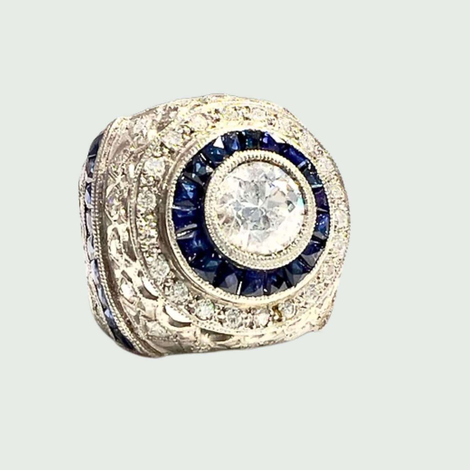 Women's Art Deco Style with Diamonds and Sapphires Platinum Ring For Sale