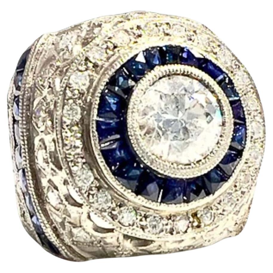 Art Deco Style with Diamonds and Sapphires Platinum Ring For Sale